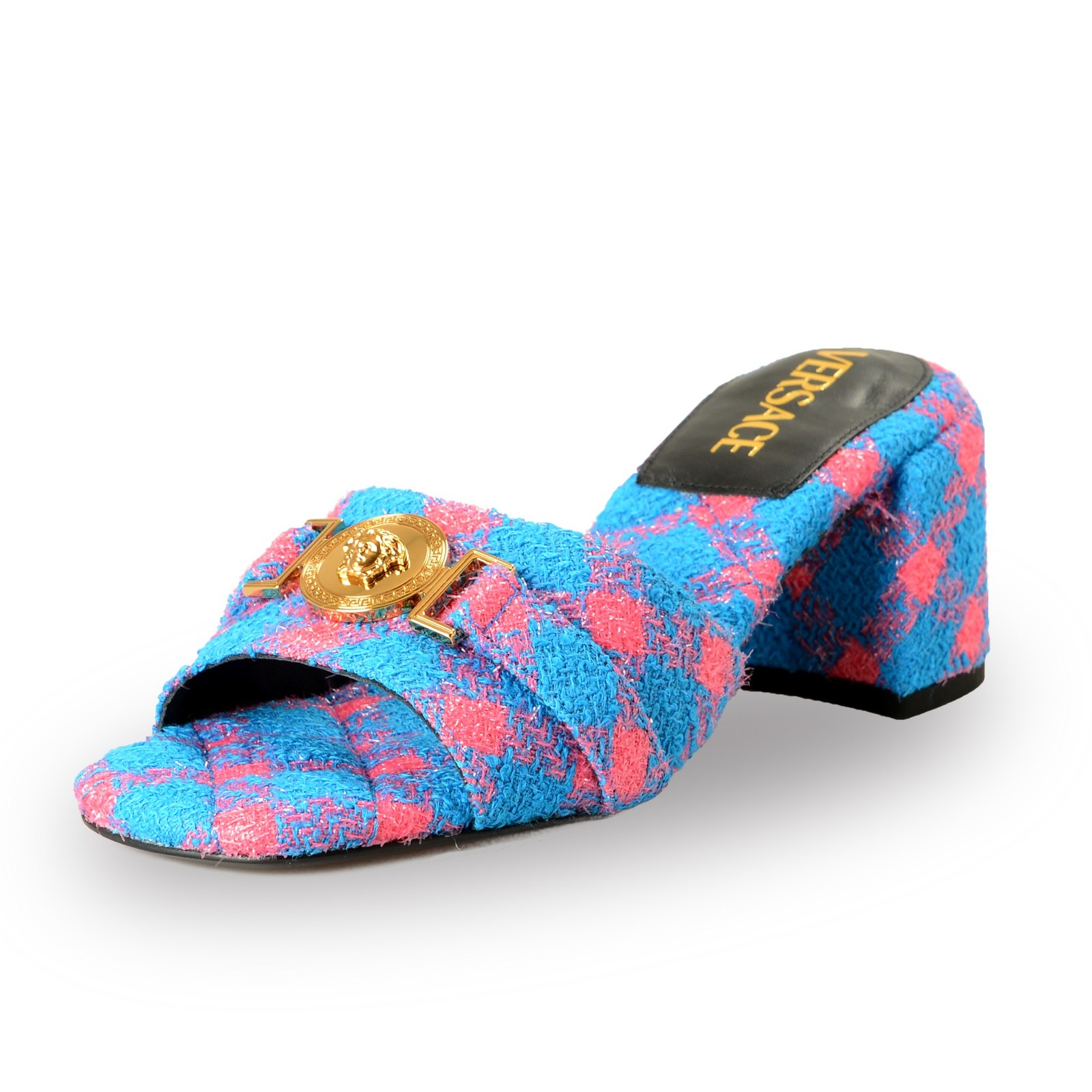 Versace Women’s Lurex Check Gold Medusa Heeled Sandals Mules Shoes US 10 IT 40