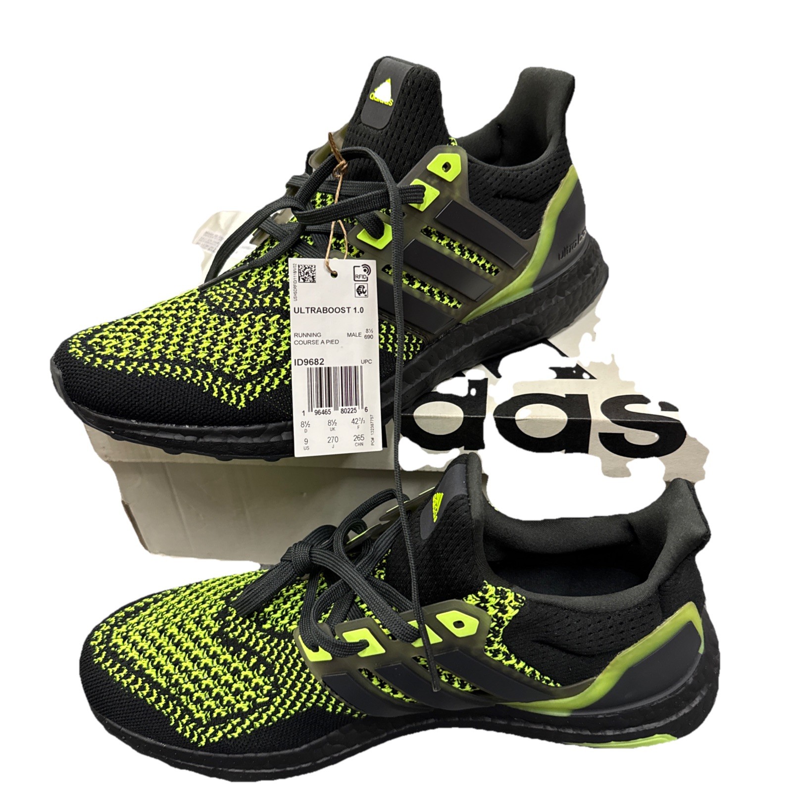 Size 9- adidas UltraBoost 1.0 Black Lucid Lemon Glow In The Dark Heal