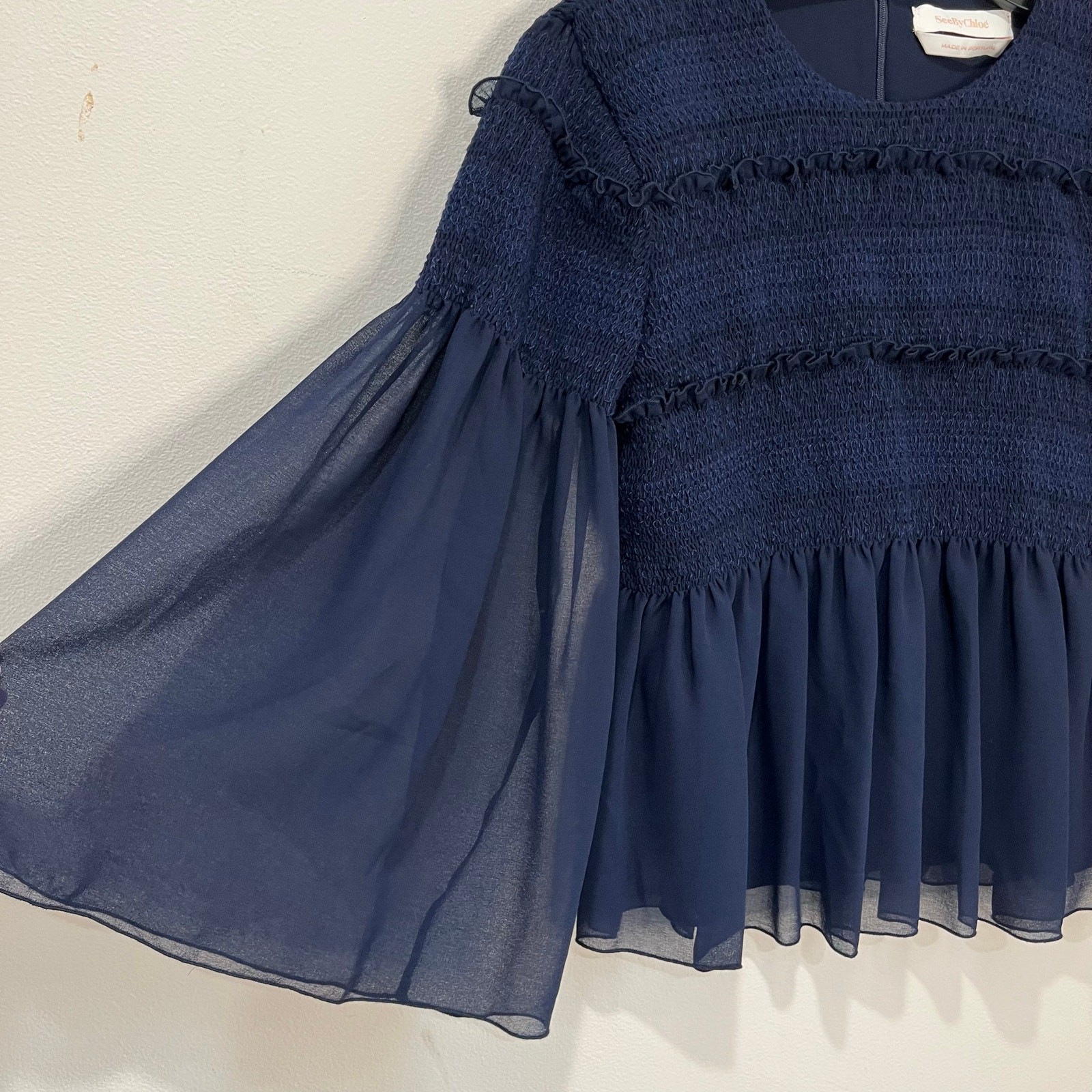 See By Chloe Dark Navy Peasant Top Sheer Sleeves Smocked Bodice Boho Sz 4