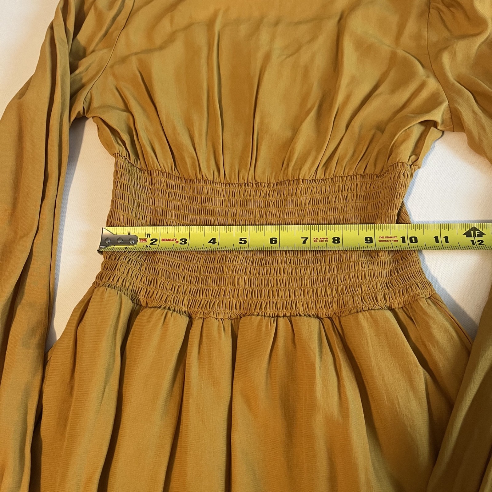 Hesperus Womens Square Neck Mustard Yellow Dress Long Sleeve Ruched Waist Med