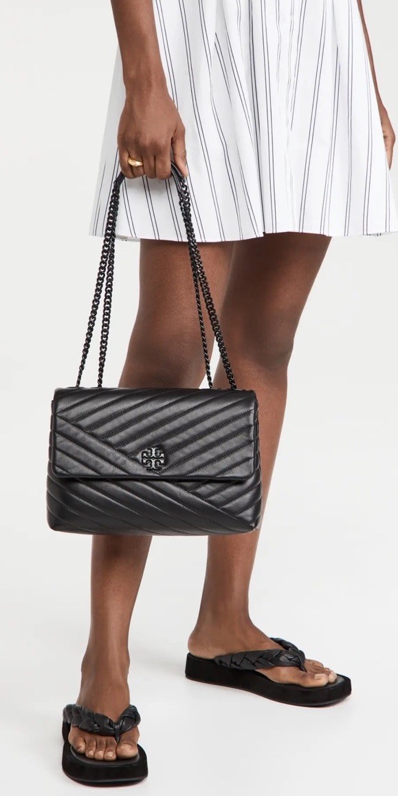 Tory Burch Kira Black Chevron Quilted Leather Chain Strap Shoulder Bag Flap