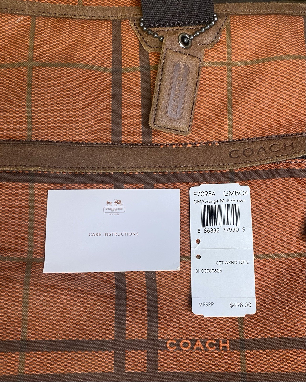 Coach Camden Plaid Orange/Brown Canvas Tatersall Tote Weekend Travel Bag RARE
