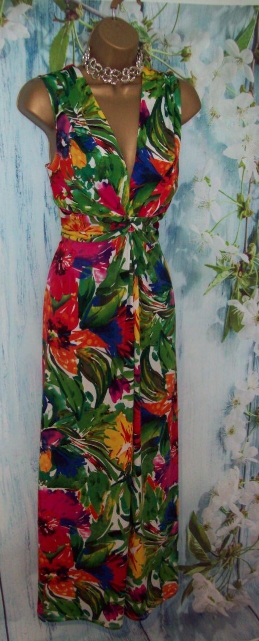 Debenhams Tropical Floral Maxi Dress Size 18 Twist Knot V Neck Slinky Summer