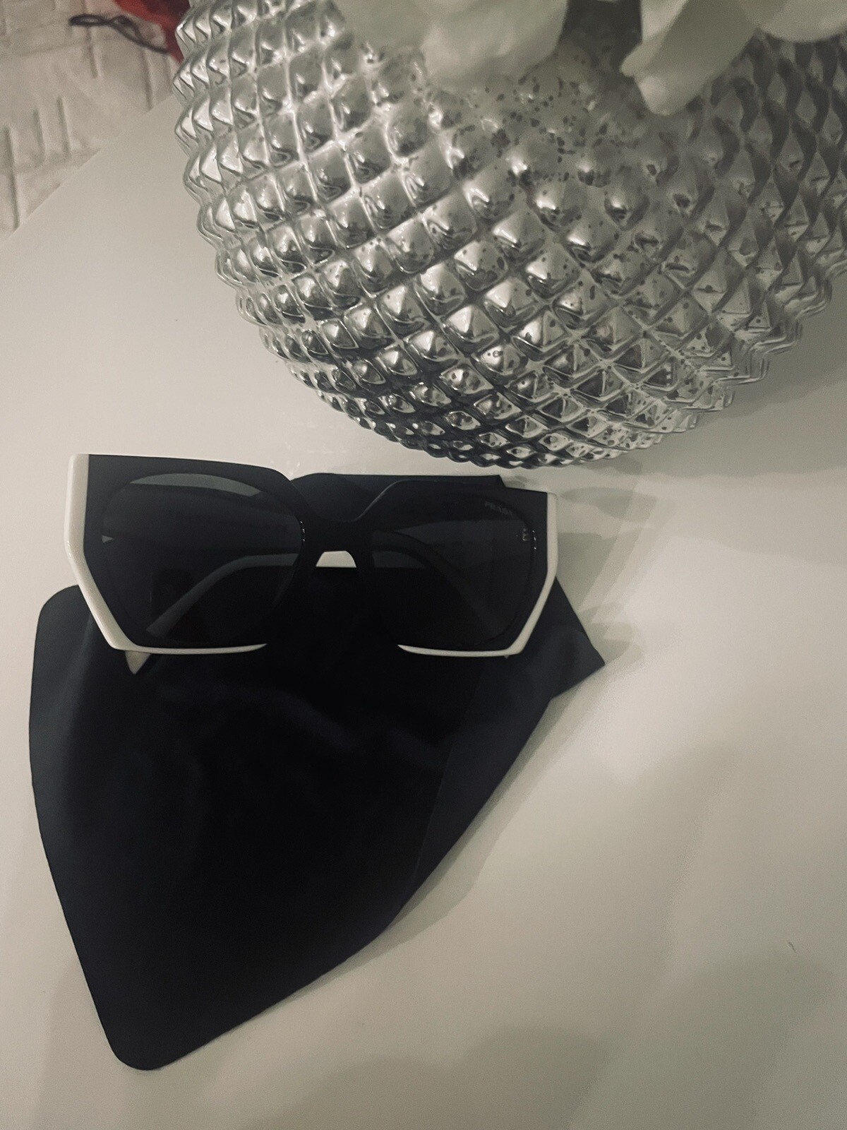 PRADA PR 15WS 09Q5S0 145mm Frame Rectangular Sunglasses – Black/White/Gray