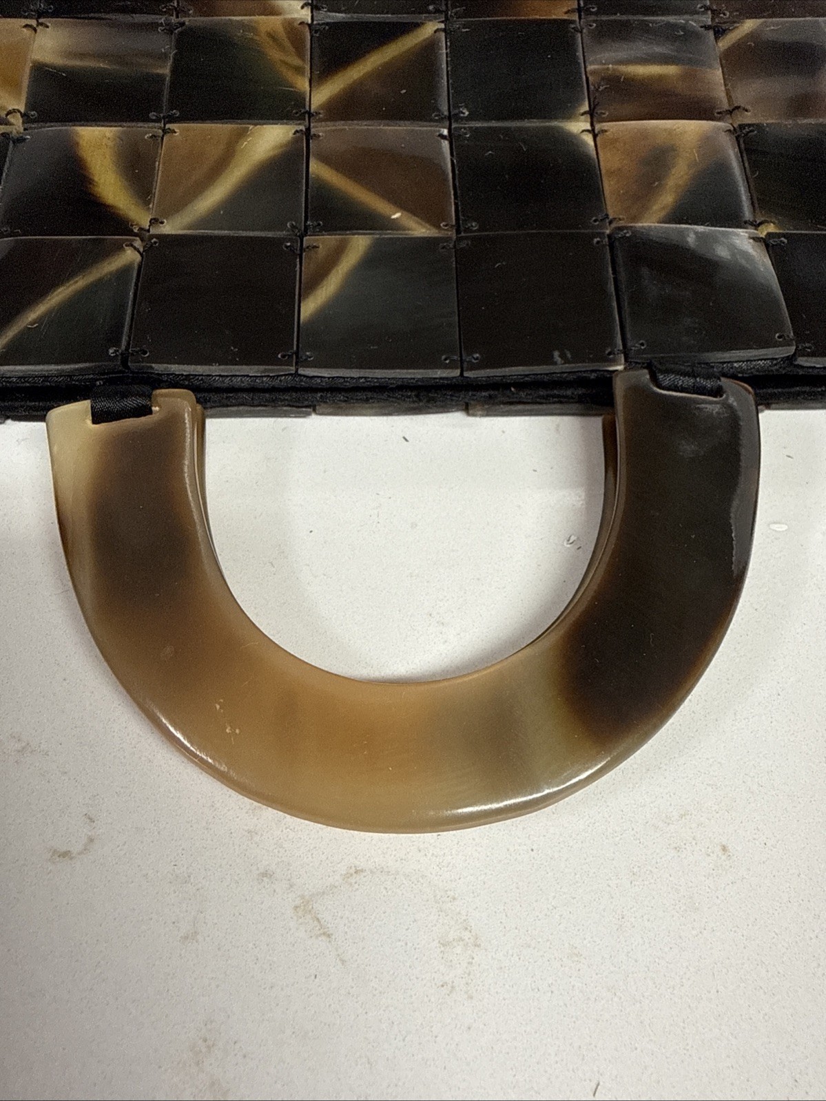 VTG 1970 ~ Lucite ~ Tiled Tiger Eye/ Tortoise Shell Handbag w/Carved Handles