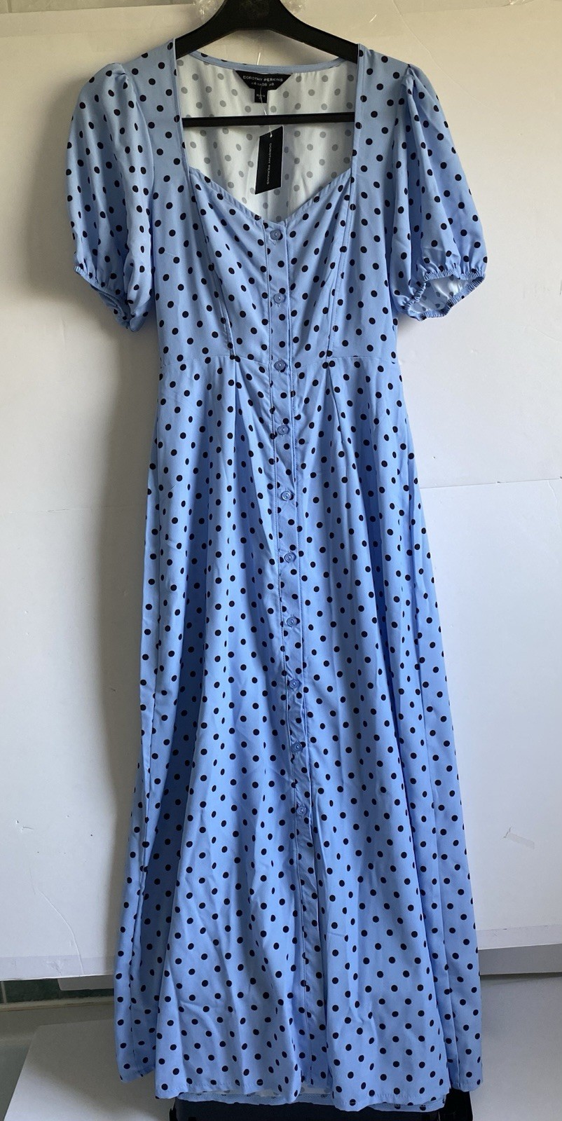 DOROTHY PERKINS DRESS SIZE 8 UK KITTY BLUE WITH BLACK SPOT MIDI SHORT SLEEVE NEW
