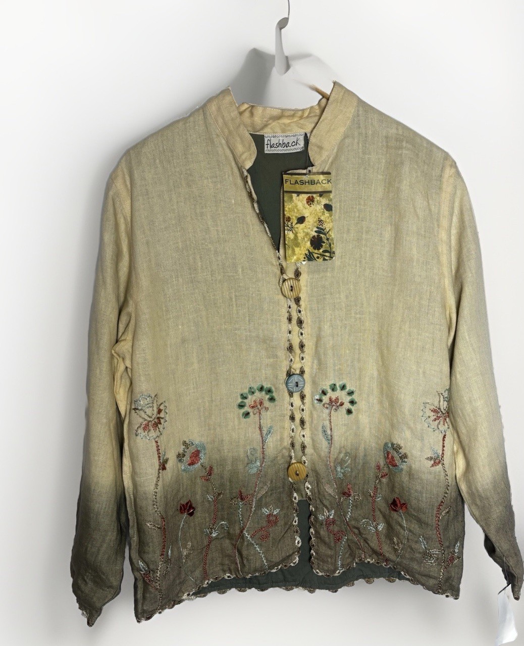 Flashback 90s Linen Blazer Cream Floral Embrodery Sequin Crochet MEDIUM Boho