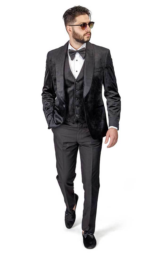 BLACK Shawl Lapel VELVET 3Piece Vested Slim Fit Tuxedo 1Button Black Pants AZAR