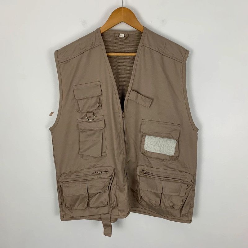 Retro Utility Fishing Vest Mens Medium / Large Beige Zip Up Gilet Waistcoat
