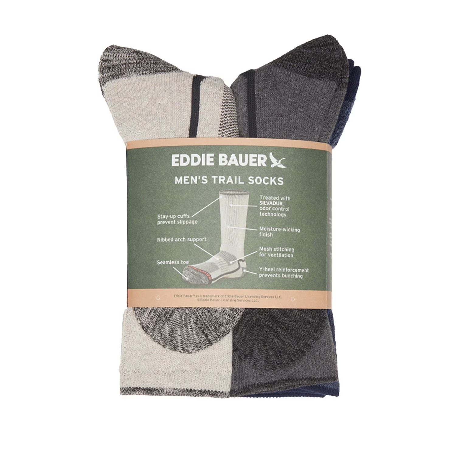 Eddie Bauer Trail Socks Arch Support Mens Sizes 6-12 Odor Control 6 Pairs New