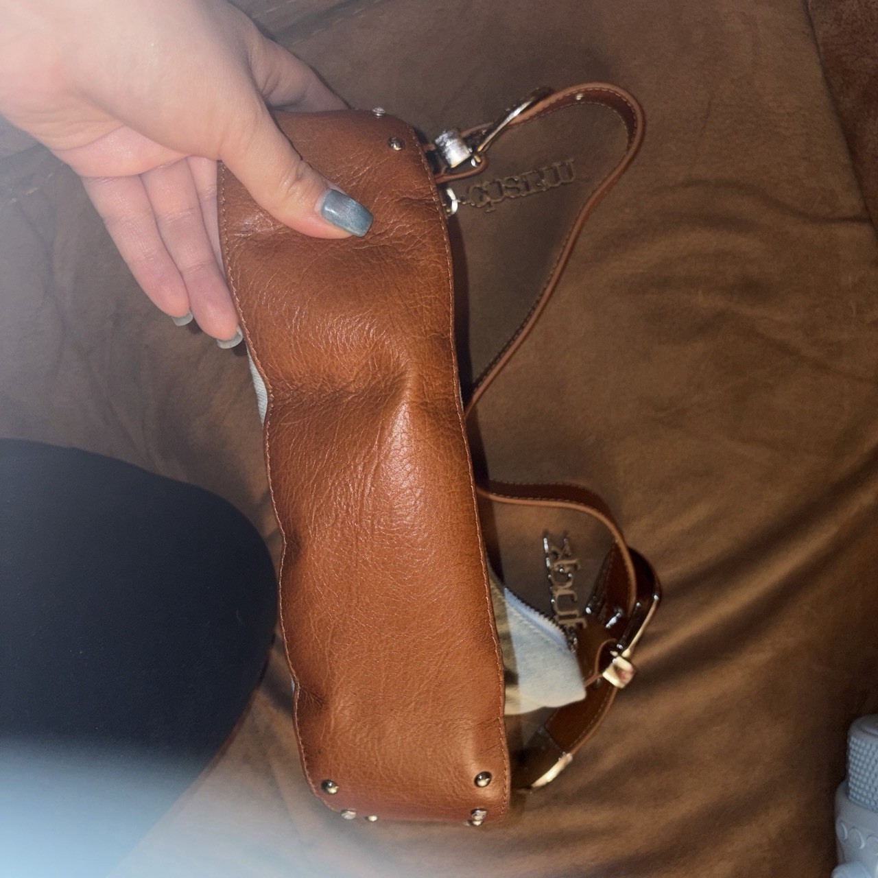 Charm and Luck Blue Brown Shoulder Bag, Zip, Rhinestone Buckle, Pockets