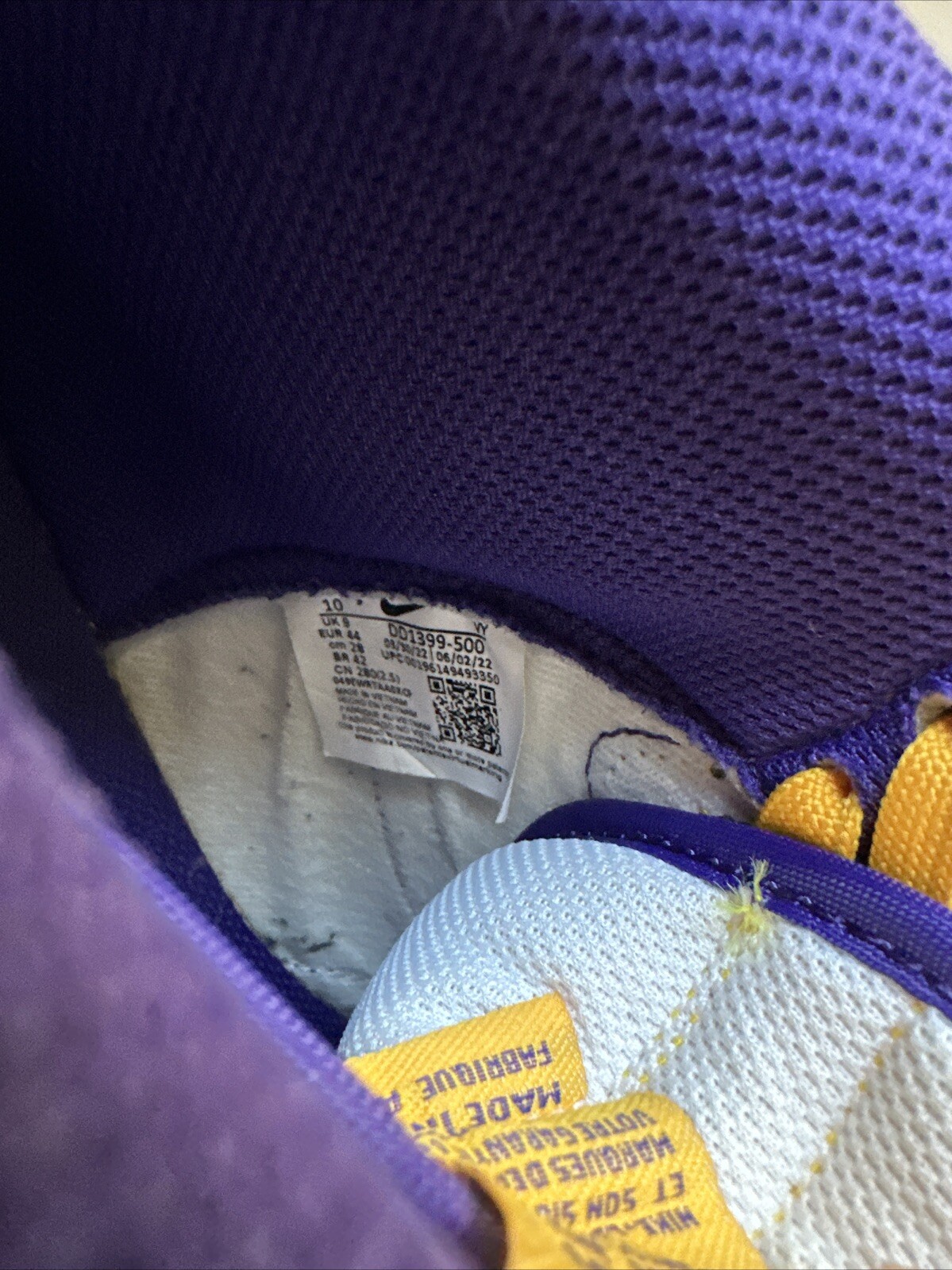 Nike Dunk High Lakers Mens Size 10 DD1399500 Purple Yellow Basketball Shoes