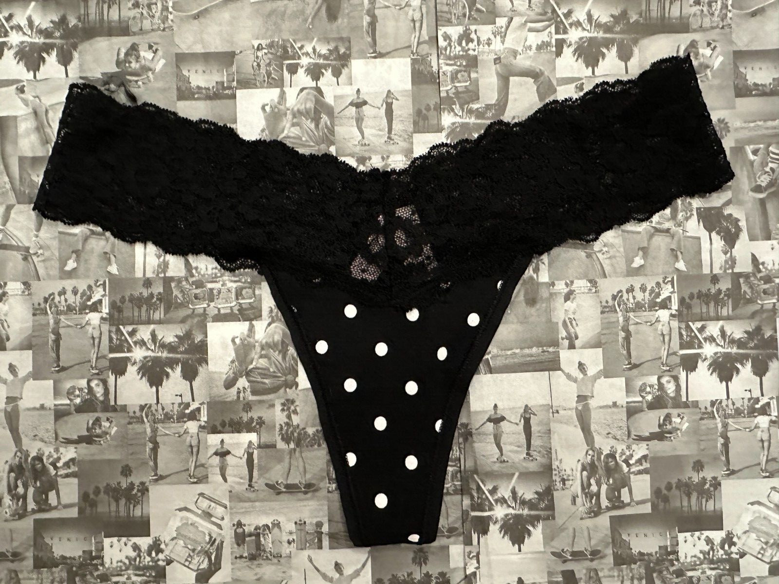 NWT Victoria’s Secret Cotton Lace-waist Thong Panty Black & White Dots Medium M