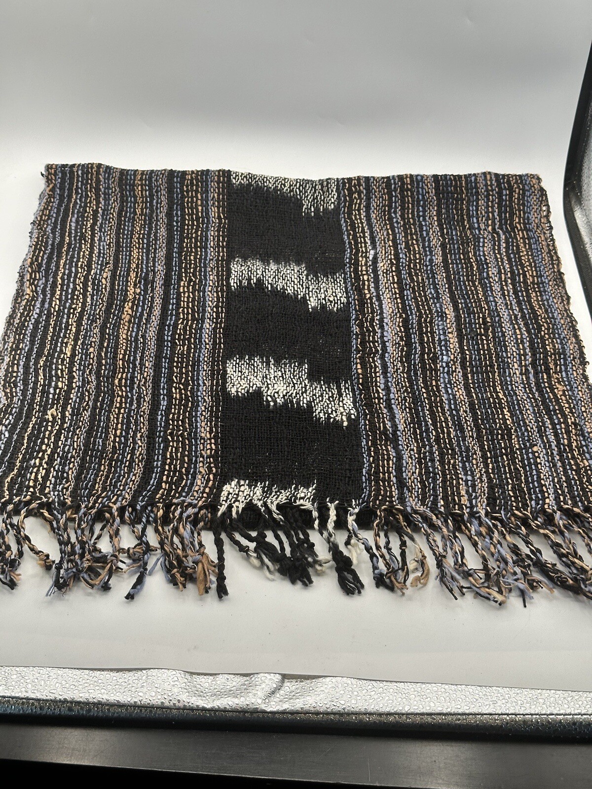 Hand Woven Scarf Hemp Open Weave Blue Tan Black & White