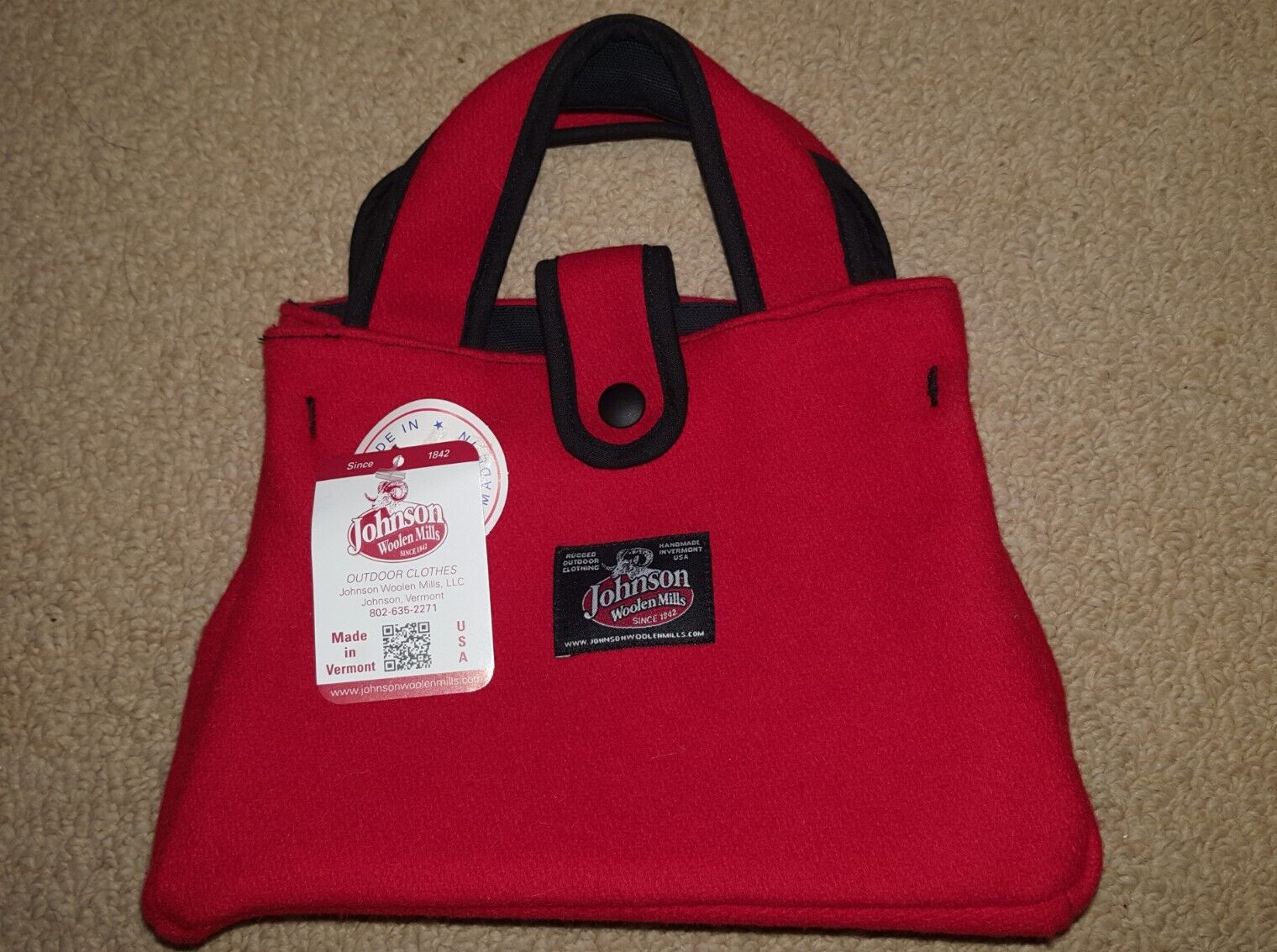 NWT Johnson Woolen Mills Red Wool Bitty Bag Purse Tote Hand Satchel 10”x7″x3″