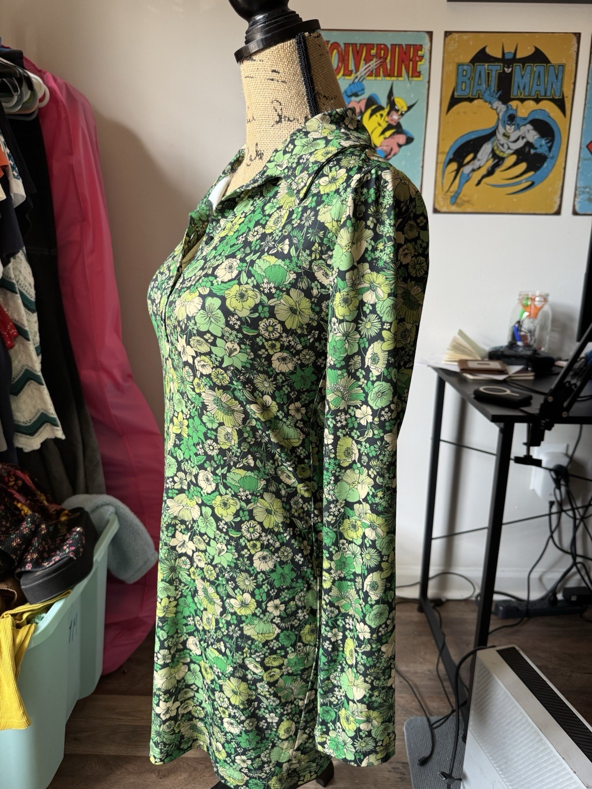Zara Womens Small Green Floral Mini Dress Long Sleeve Collared Button Front