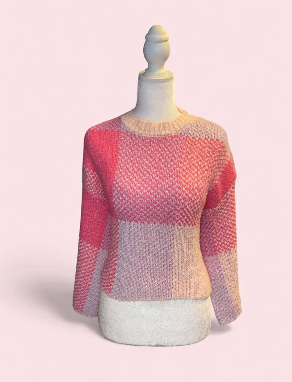 Jessica Simpson Women’s Pink Beige Purple Check Knit Crewneck Pullover XS