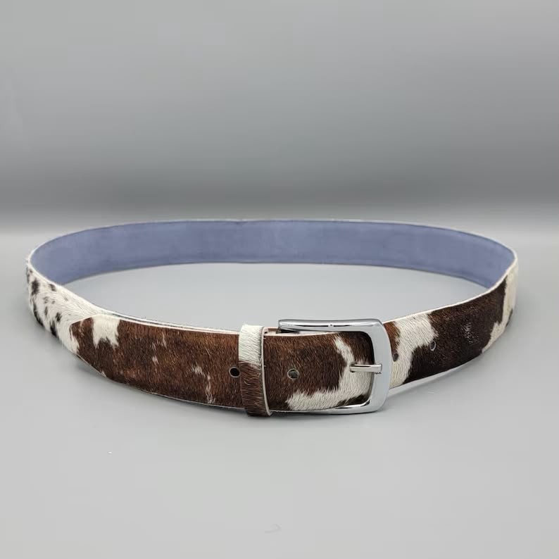 Handmade Cowhide Belt Brown White Cattle Hide Western Silver Buckle