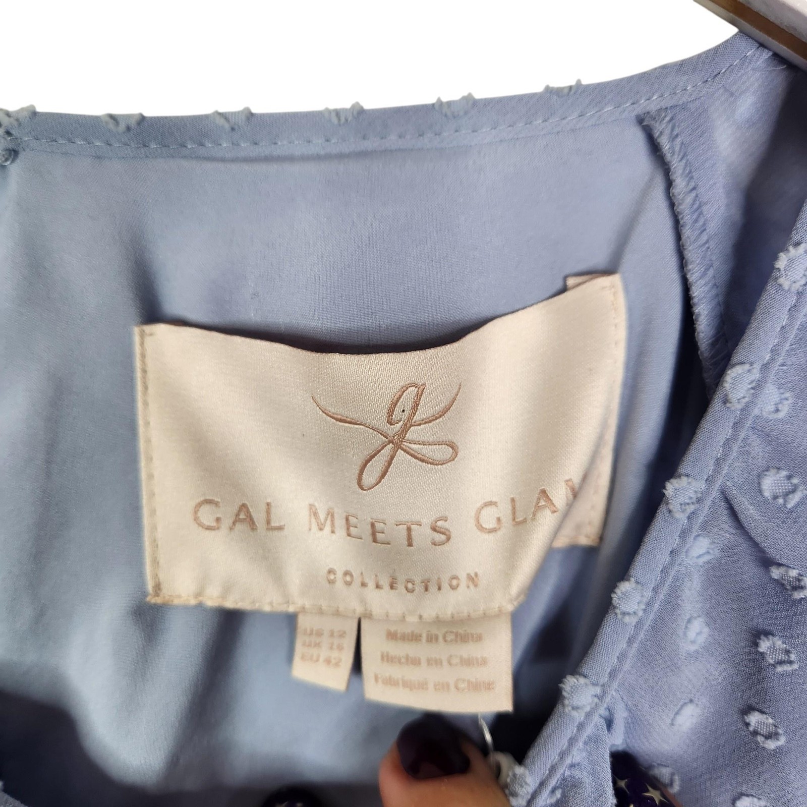 GAL MEETS GLAM Adeline Dress Womens 12 Blue Swiss Dot Chiffon Ruffle Long Sleeve