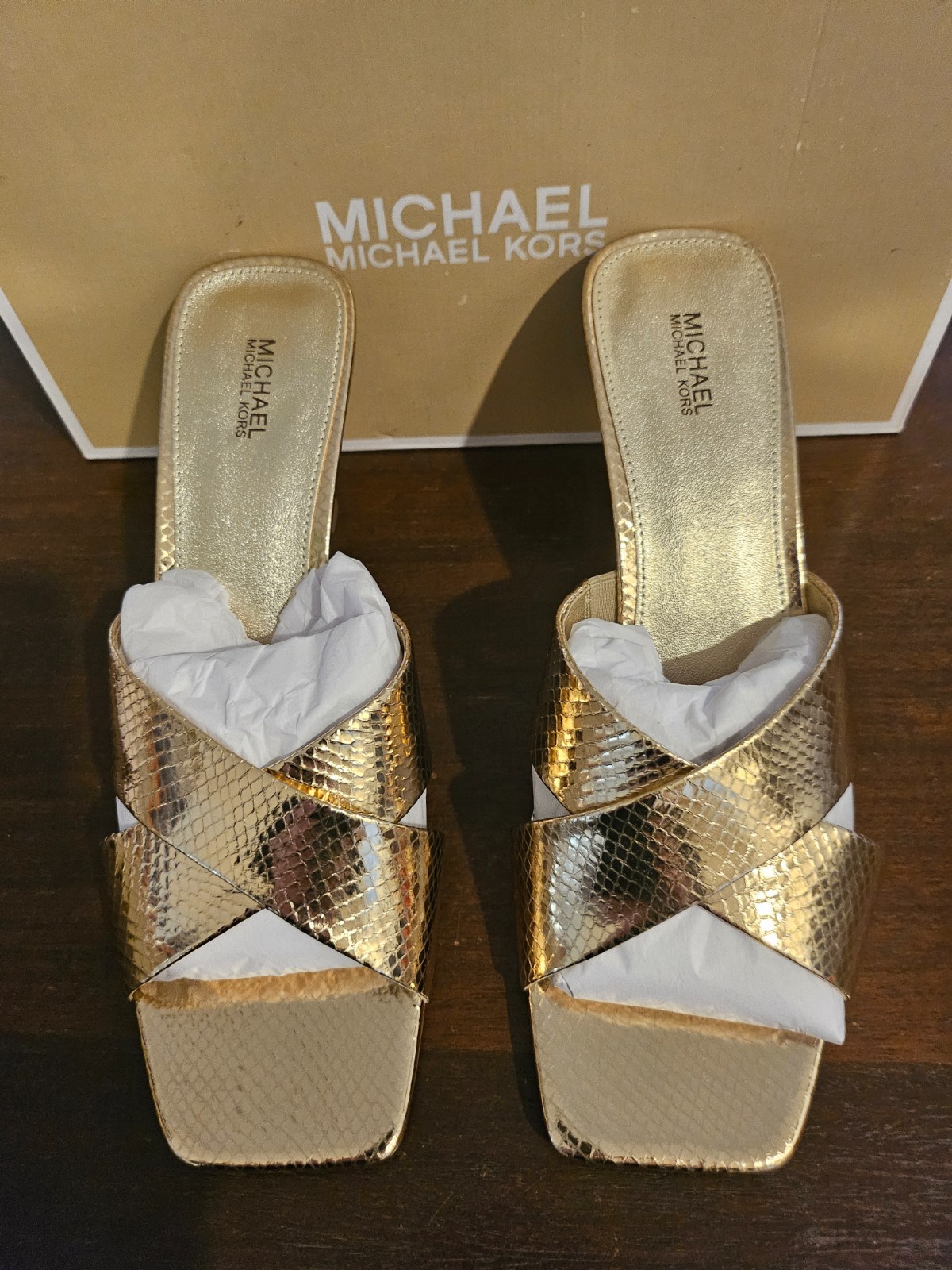 Michael Kors Clara Mule Square toe Sandals Gold Snake Skin leather New in box 10