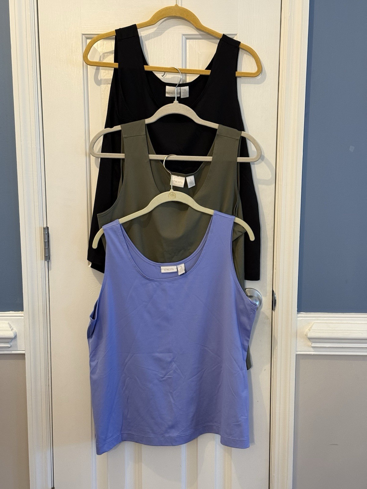 chicos size 3 Or XL Lot Of 3 Tank Tops Blck Olive GreenBlue 92% Nylon 8% Spandex