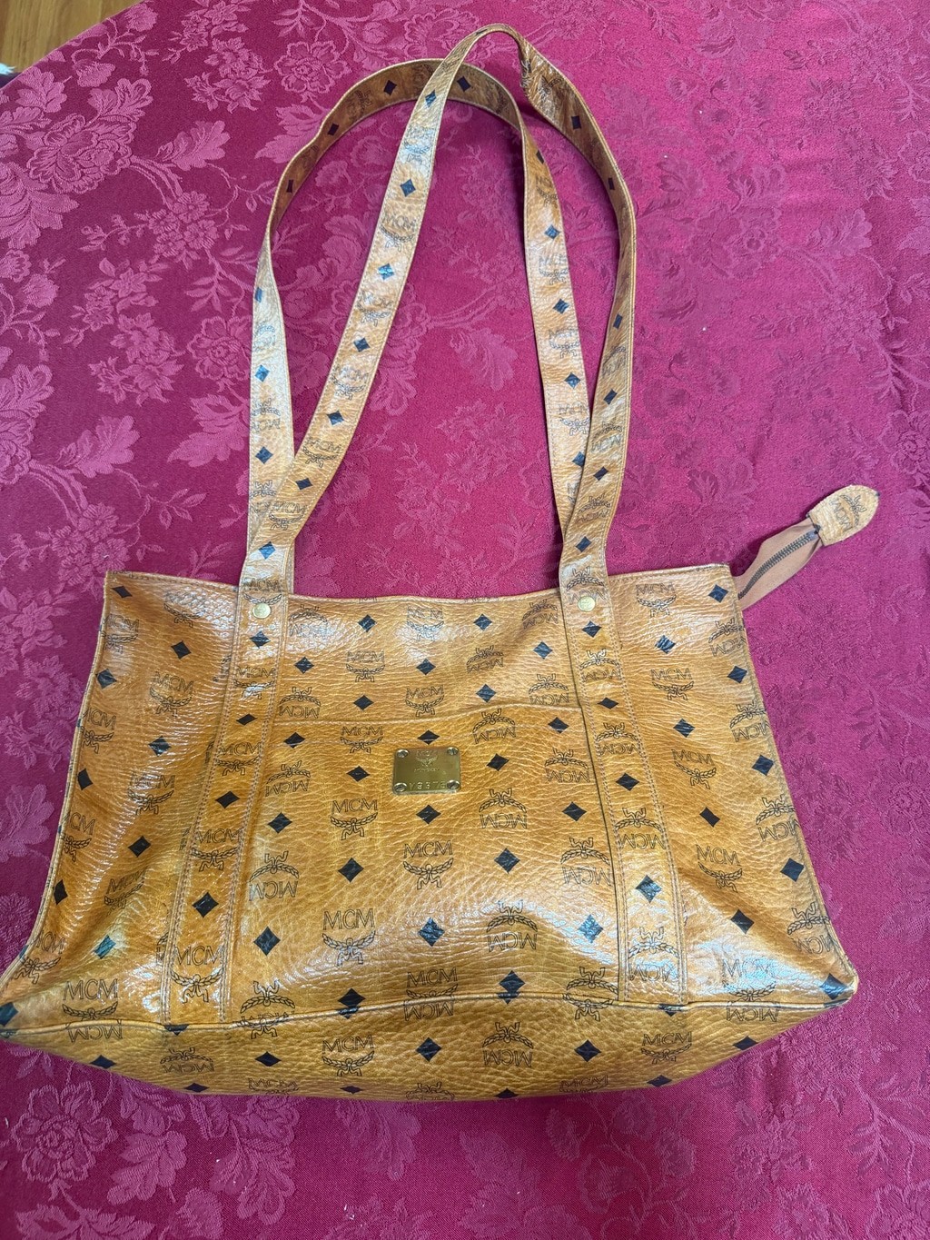 MCM Brown and Black Visetos Logo Rectangular Large Zip Tote