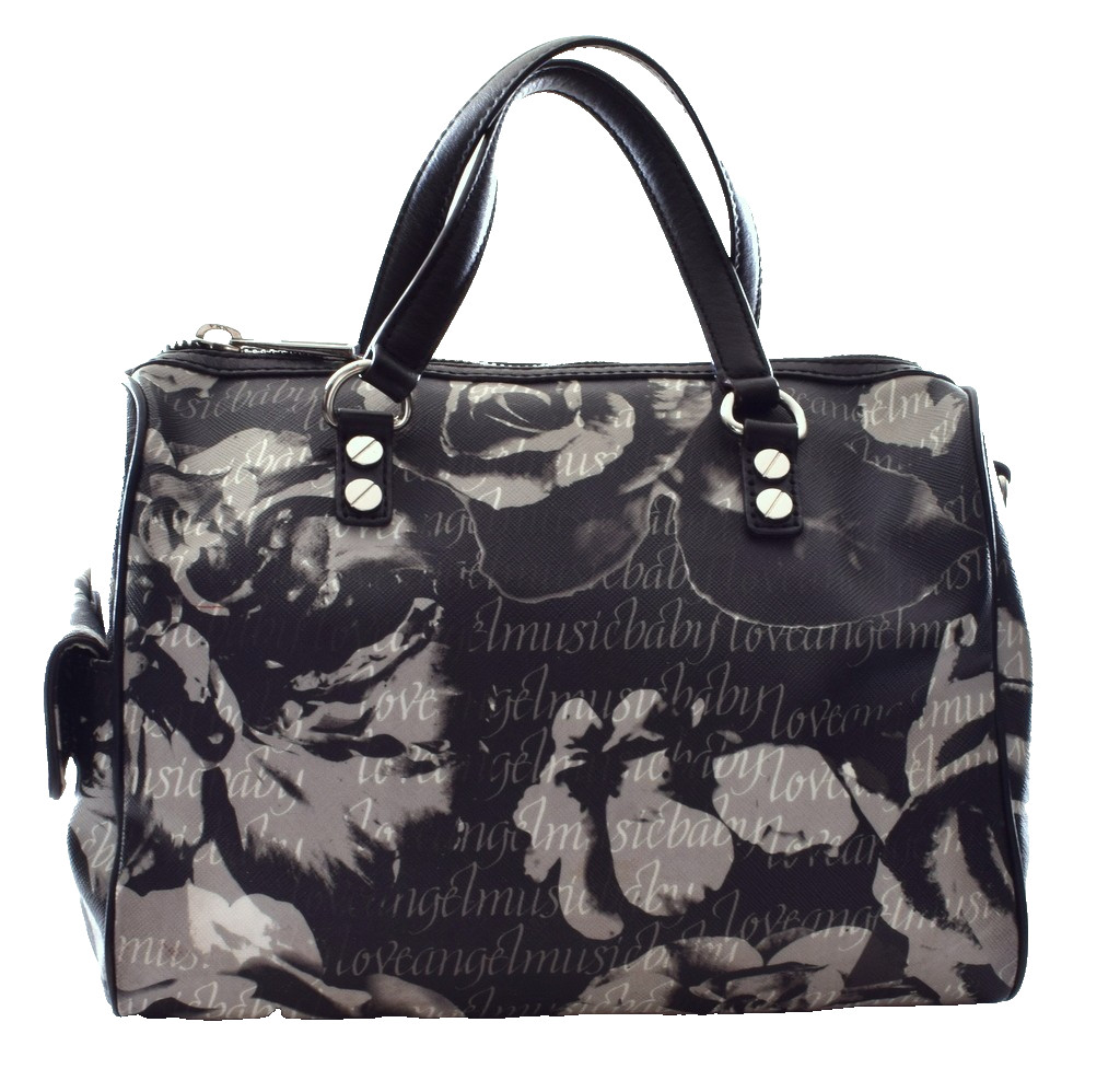 L.A.M.B. Caligraphy Roses LOVE ANGEL MUSIC Small Black White Duffle Bag EUC