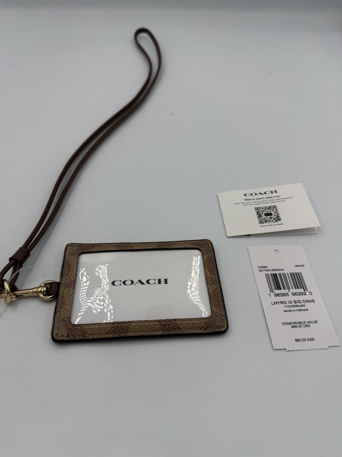 New COACH ID Lanyard Signature Canvas Leather Tan/Brown CZ285