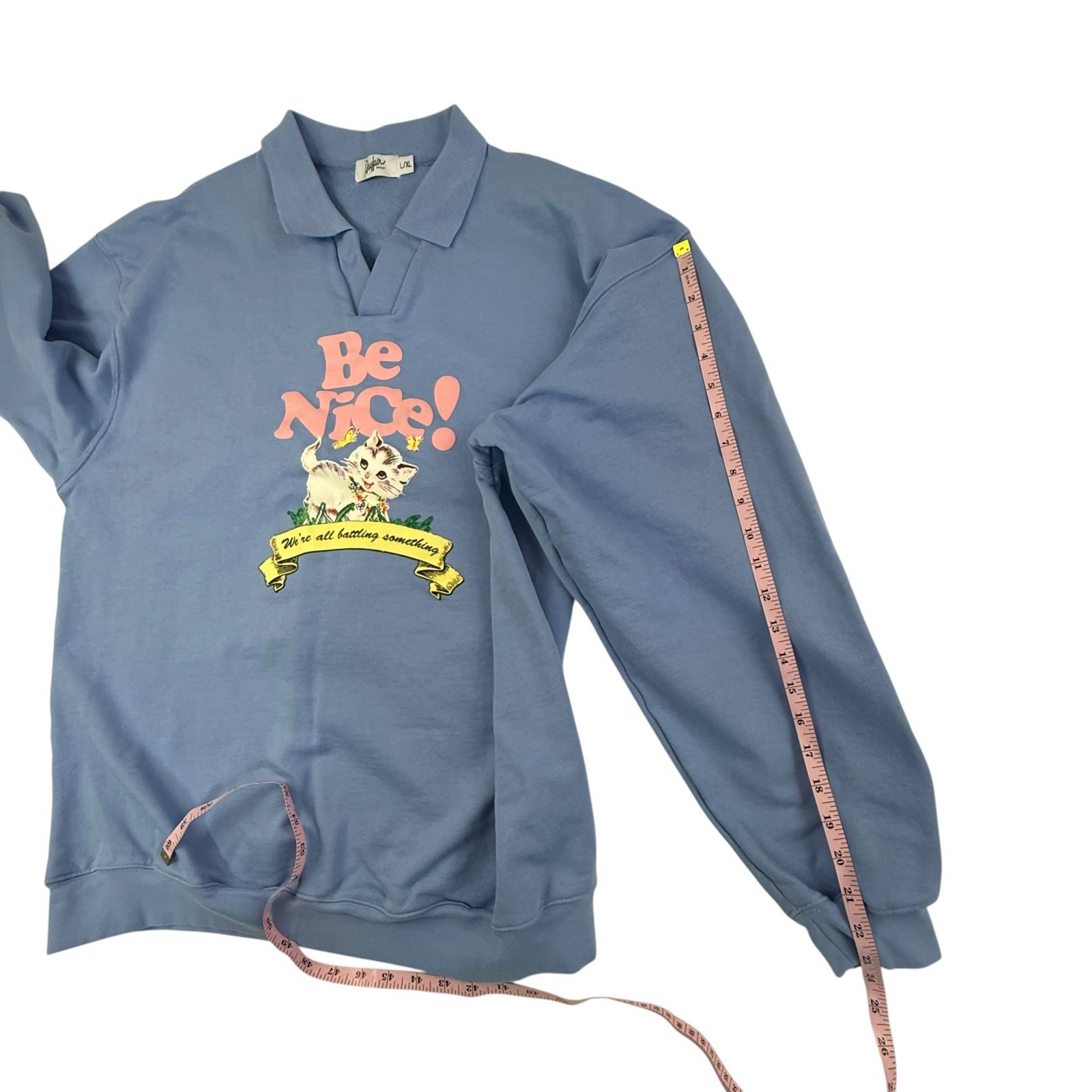 The Mayfair Group BE NICE! Graphic Sweatshirt L/XL Blue Oversized Collar