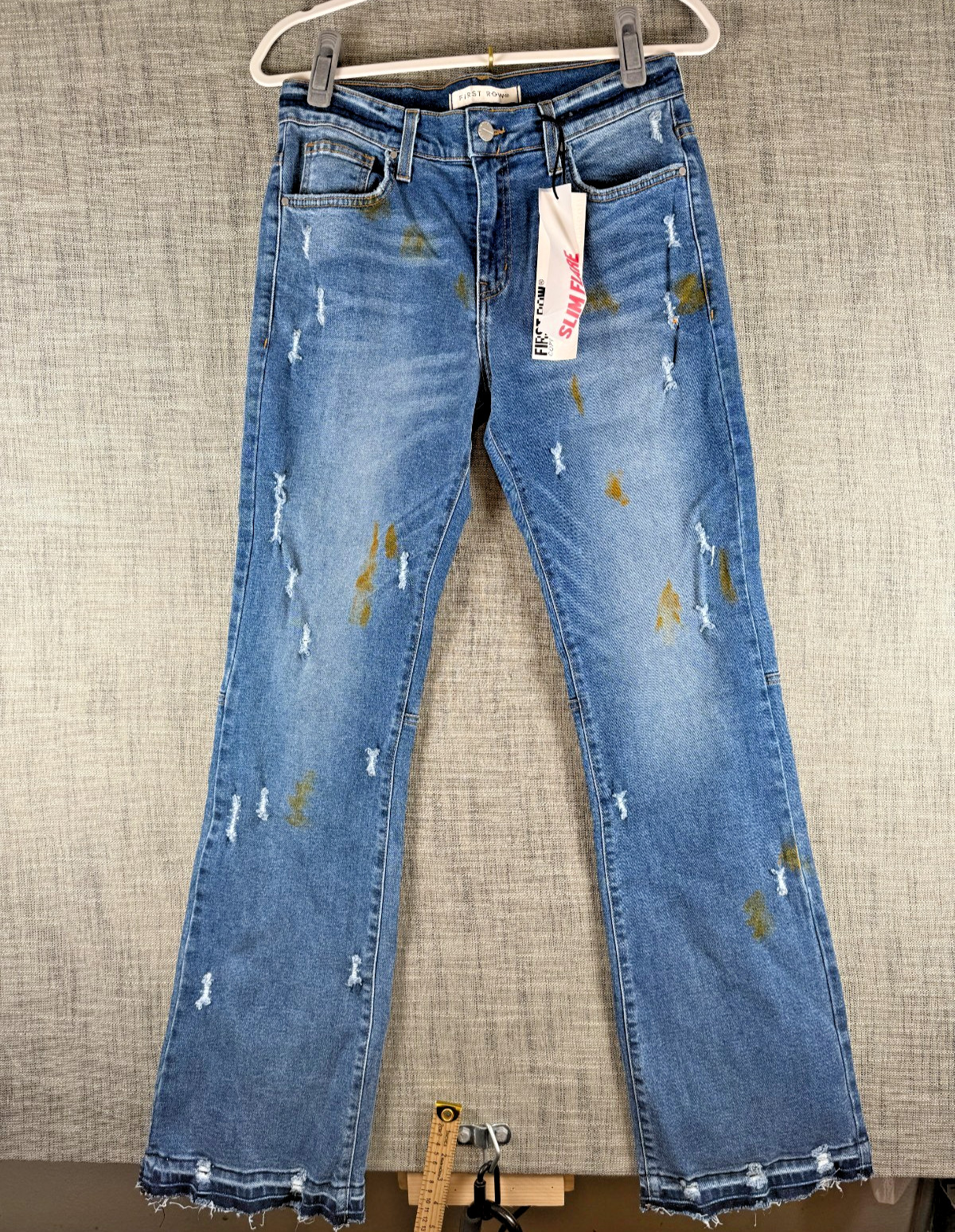 Size 30 x 33 – First Row Denim Paint Splatter Slim Flare Jeans Distressed Hems