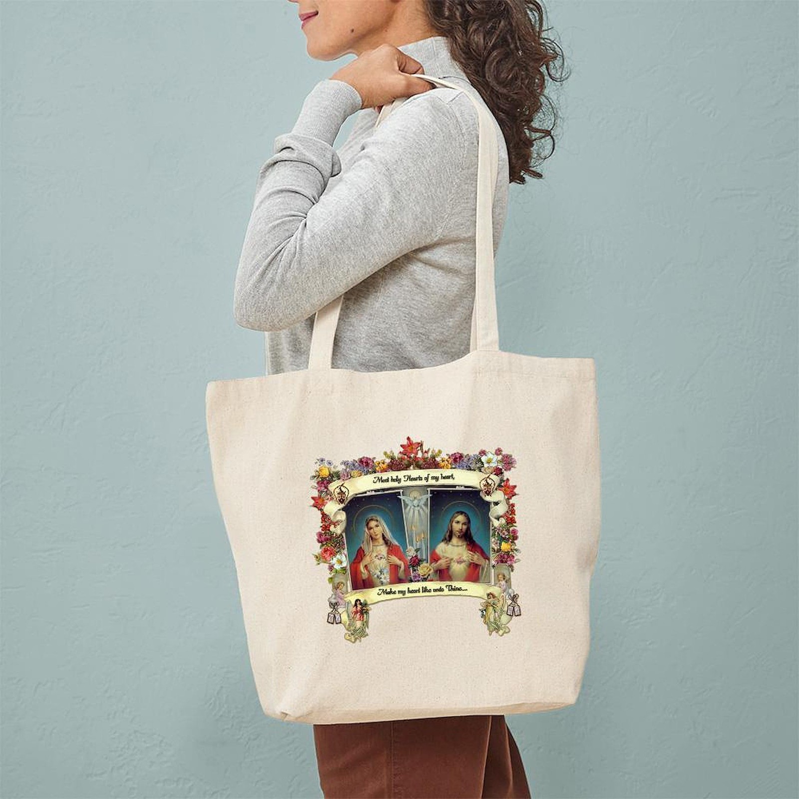 CafePress Sacred and Immaculate Hearts Tote Bag Reusable Medium, Khaki