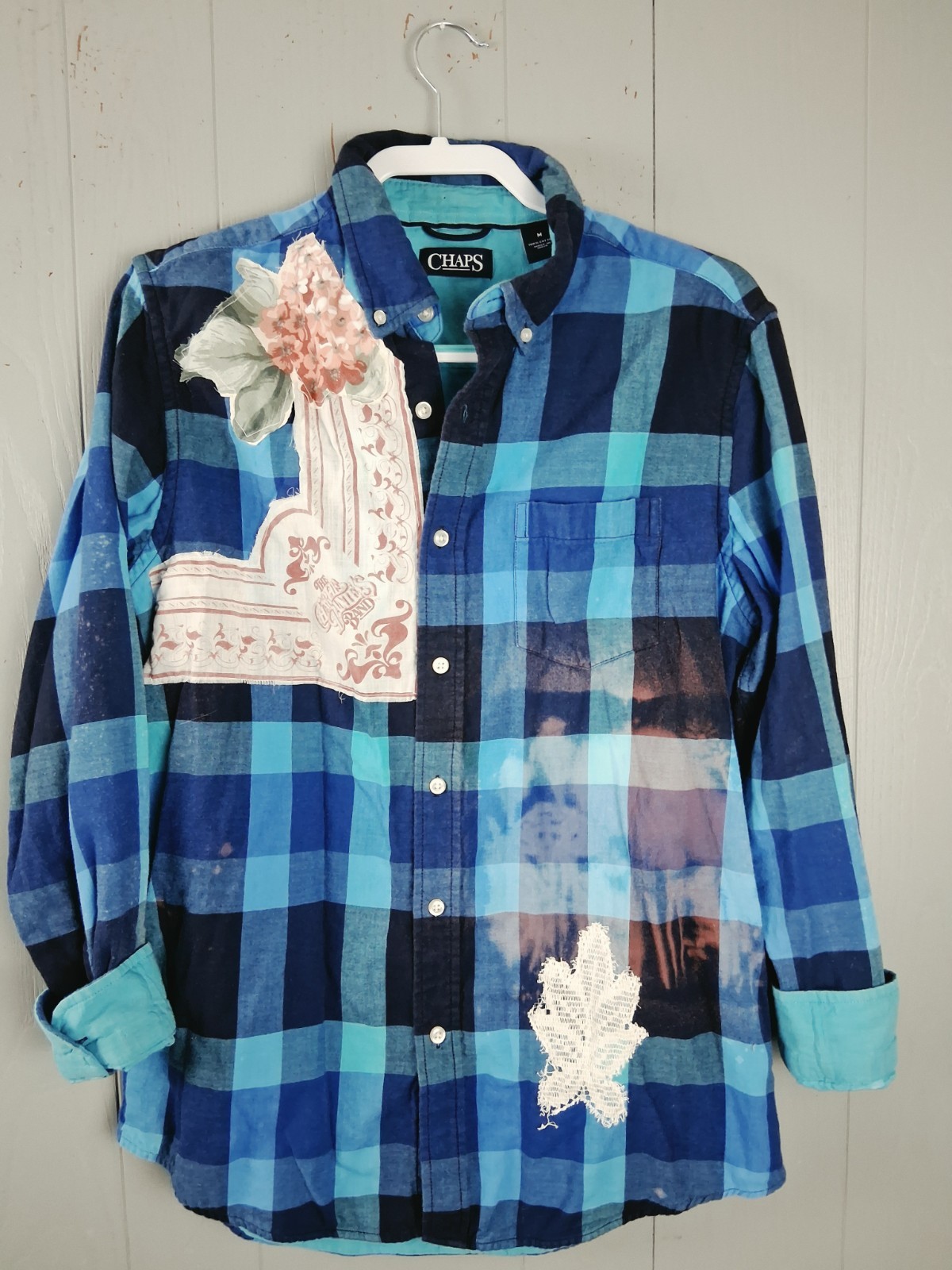 Upcycled Flannel Shirt Shacket Womens M Bleached Mushrooms Lace Crochet Cottage