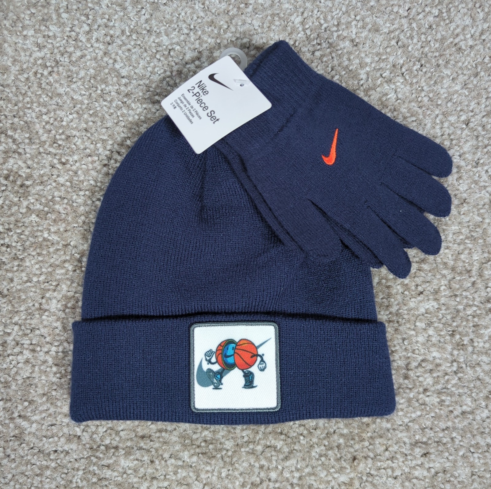 Kids 8-20 Nike Sports Patch Beanie & Gloves Set Midnight Navy Basketball