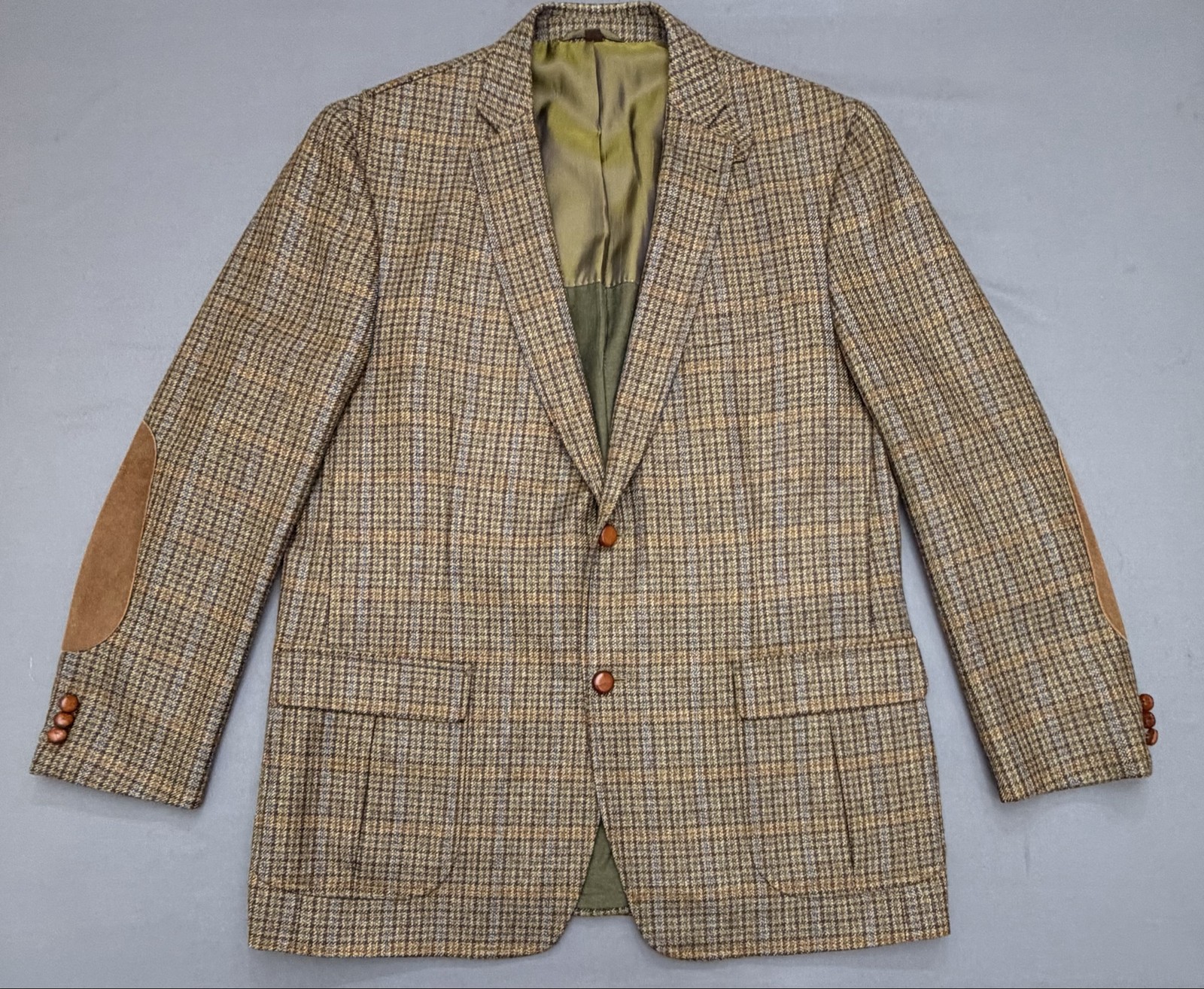 KROON Men’s 44L Brown Plaid 100% Virgin Wool Sport Coat Elbow Patch Blazer
