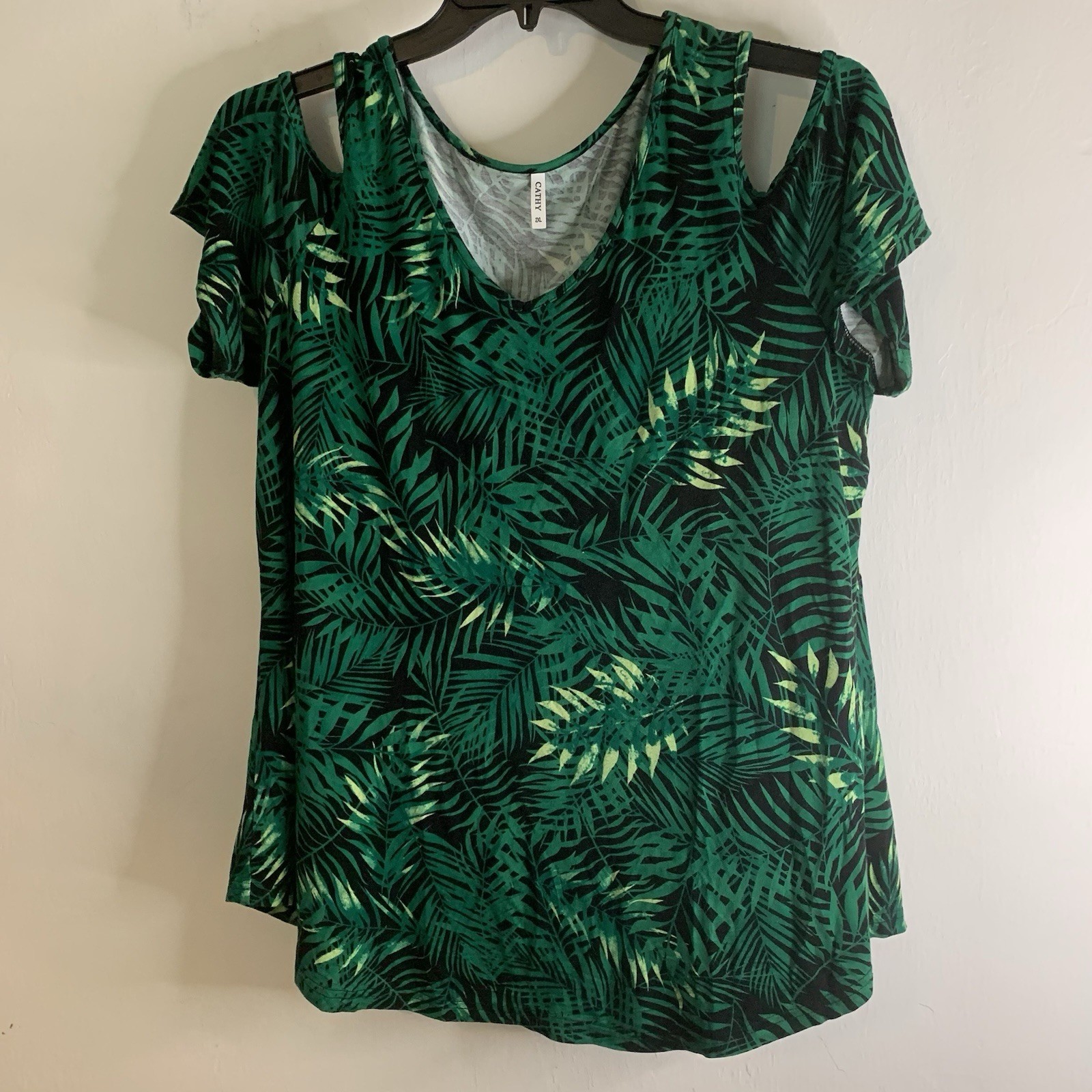 Cathy Palm Tropical Palm V Neck Womens 2XL Flowy Stretch Sleeve Cut Outs Top