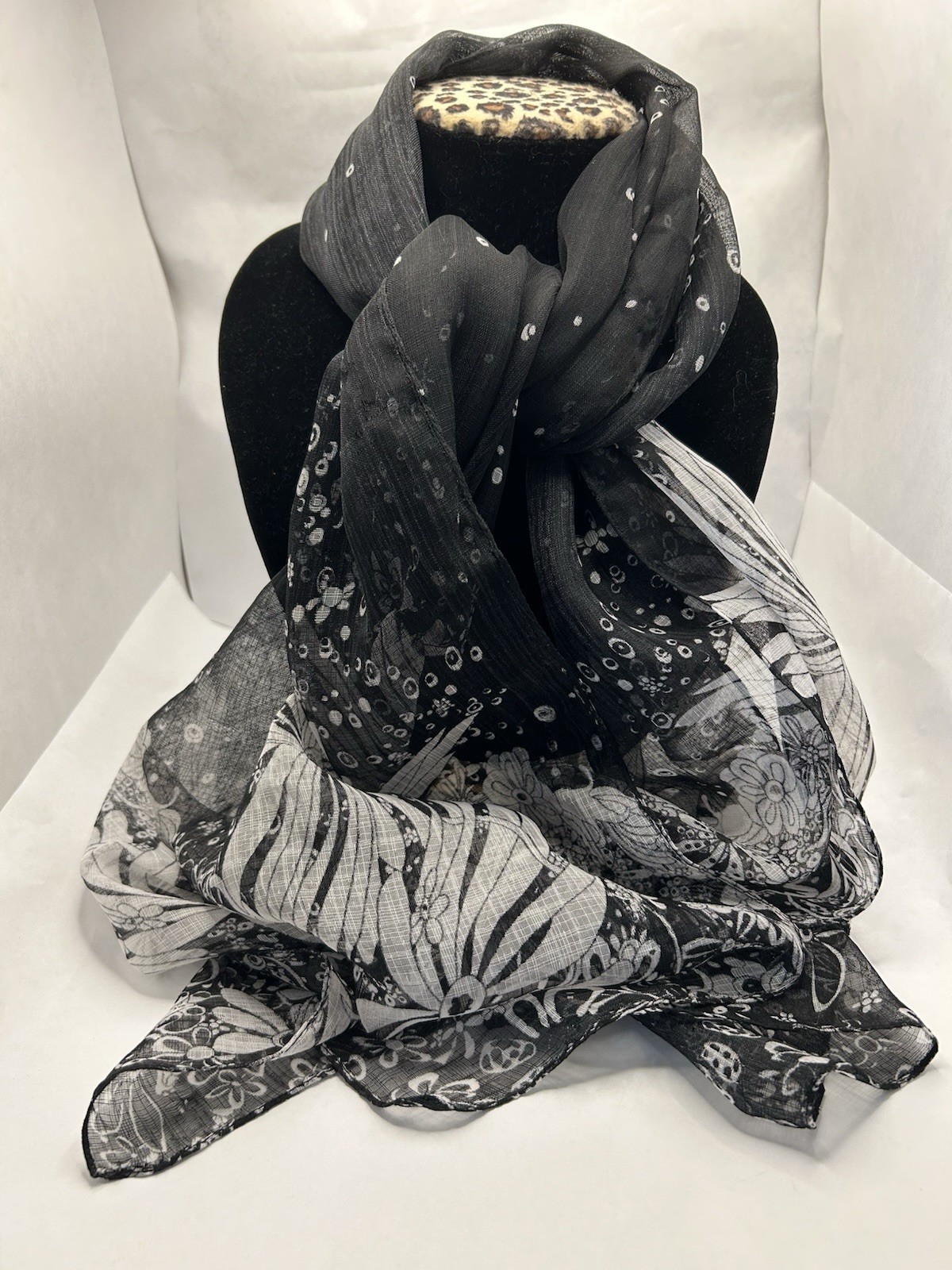 Black and White Floral Print Sheer Spring Summer Scarf 60 X 20 Inches