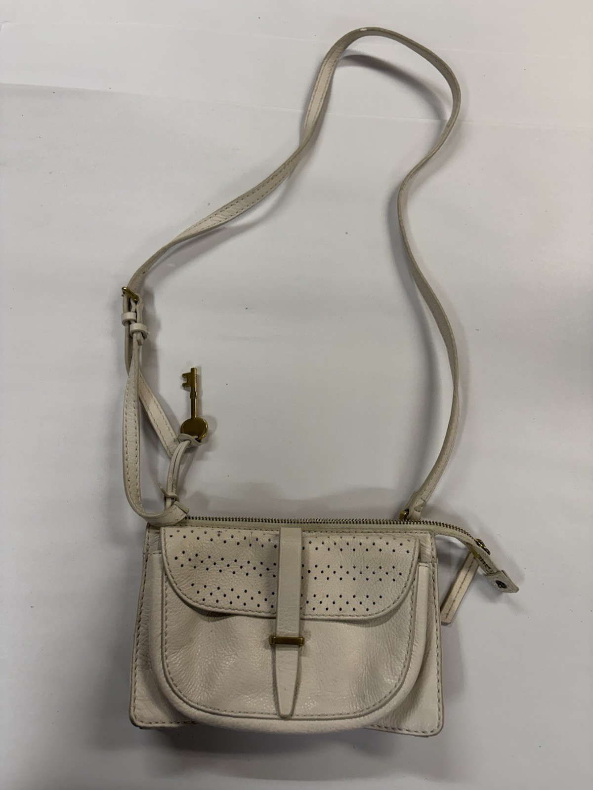 Fossil Leather Crossbody Bag Cream Ivory Pebbled Small Purse Gold