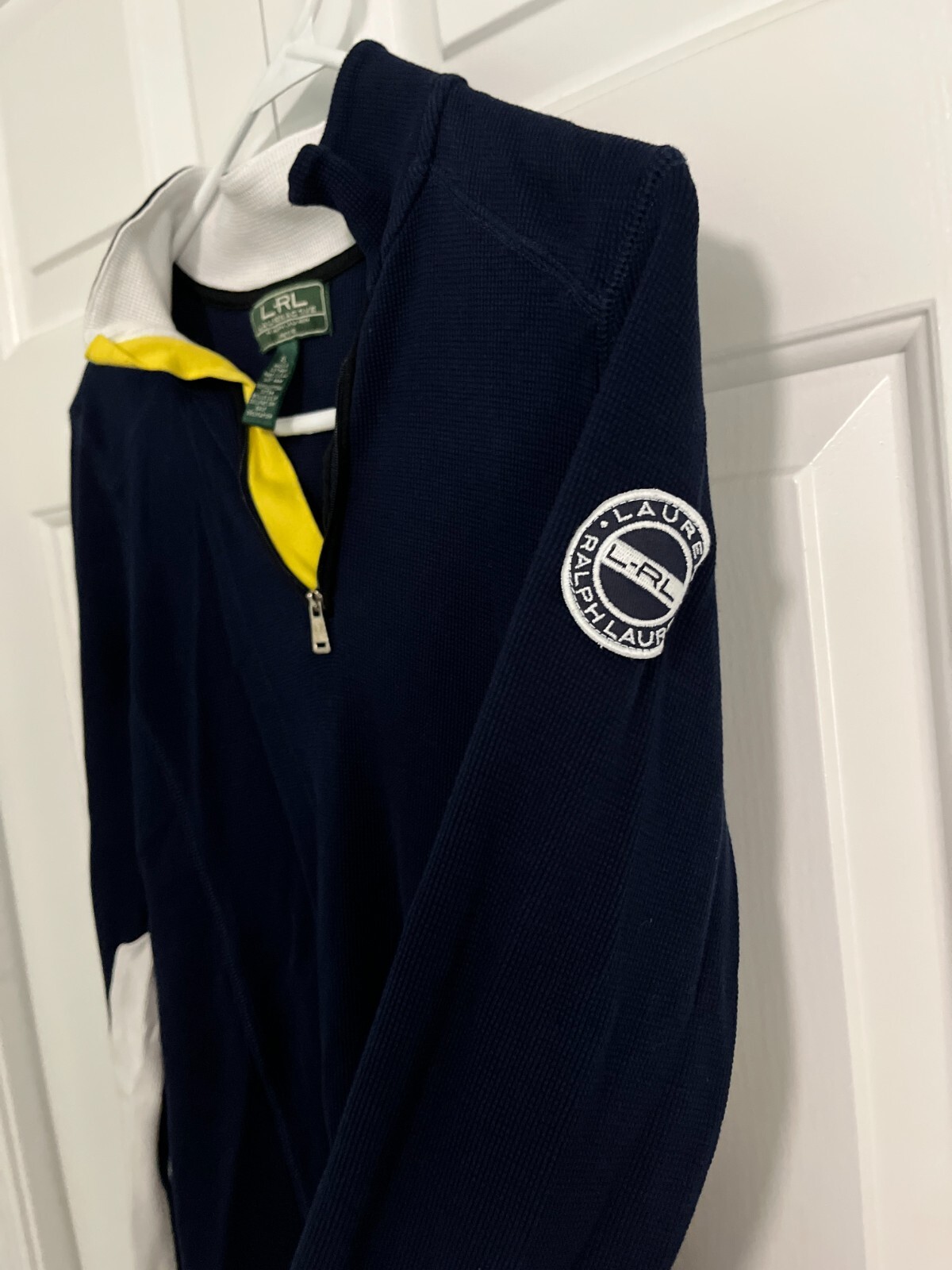 Ralph Lauren Active wear pullover Womens Petite Large Navy Yellow Logo Ladies