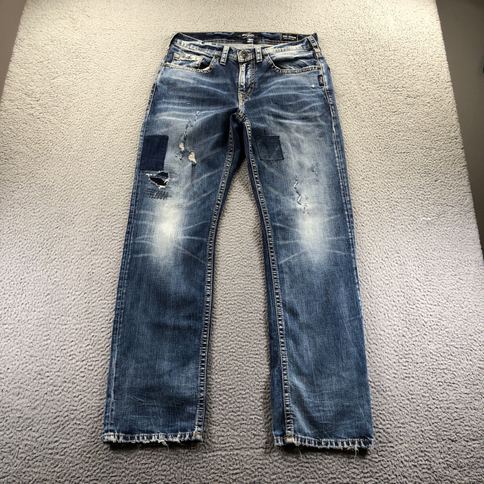 Silver Jean Men 32×32 Blue Grayson Distressed Patchwork Straight Leg Whisker EMC