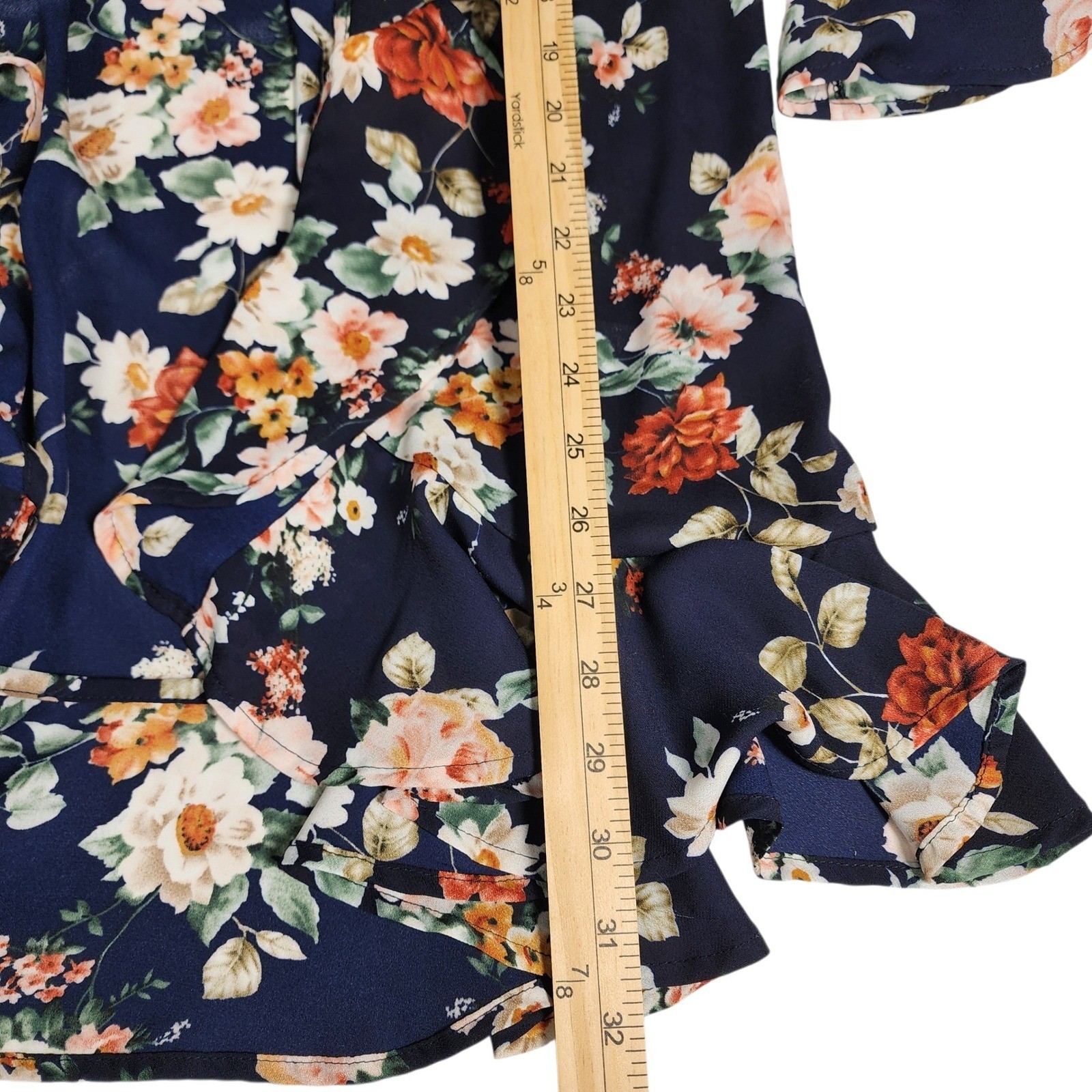 Entro Floral Print Kimono Jacket Navy Blue Bell Sleeve Ruffle Women’s M