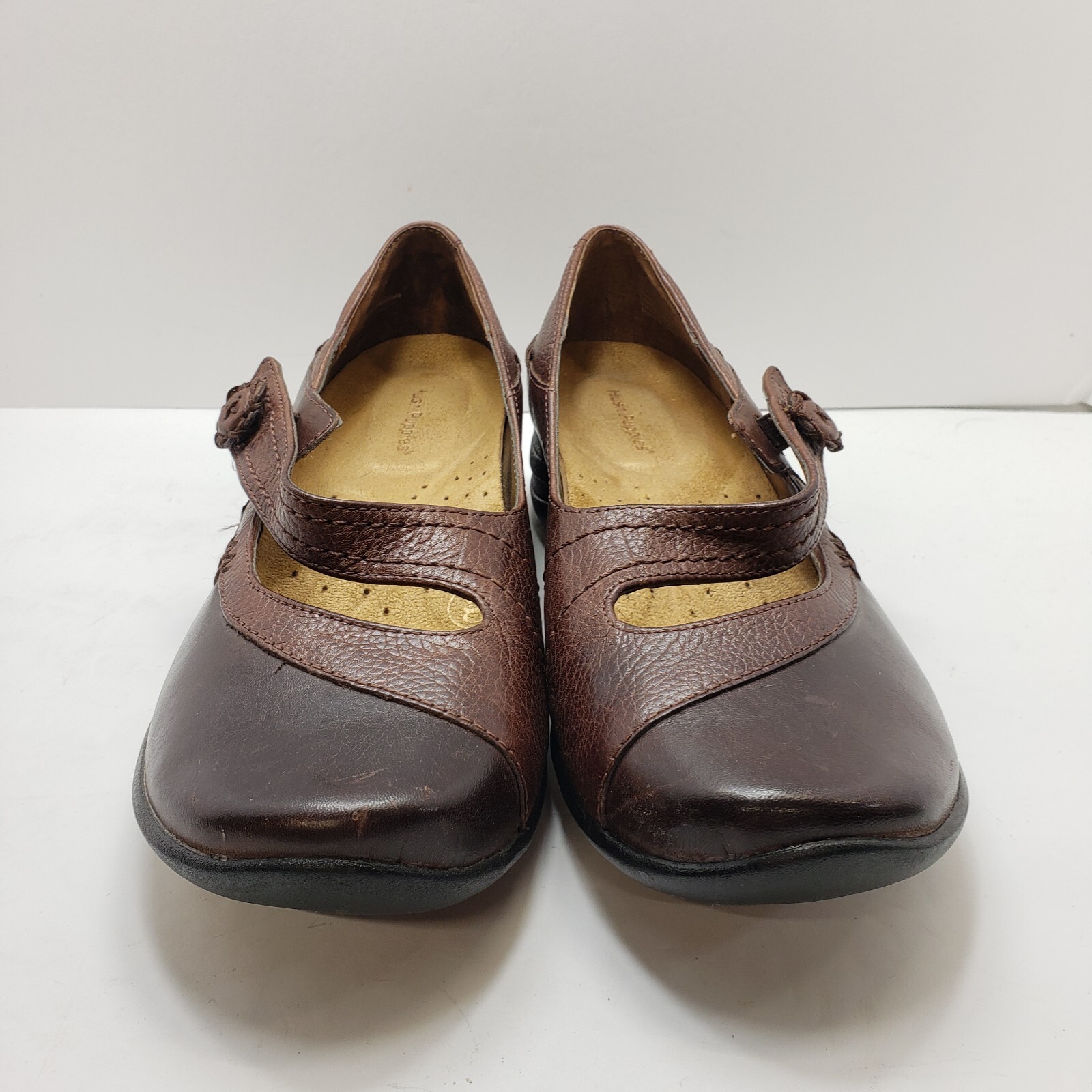 Hush Puppies Two Tone Brown Leather Mary Jane Shoes 7EW Slip On Womens Casual