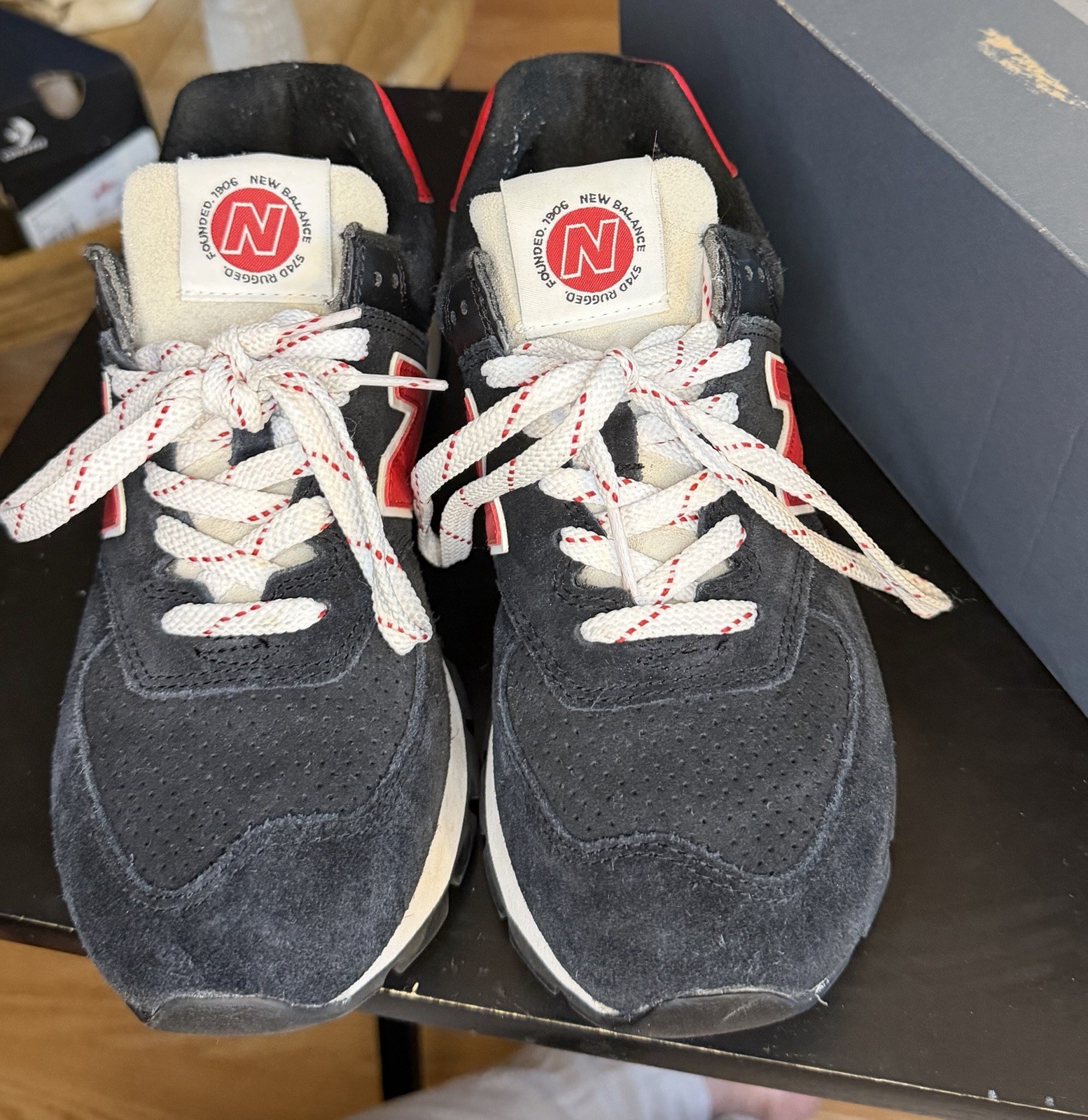 New Balance 574 Rugged ML574DSG Black Red Suede Sneakers Worn Once w/ Box