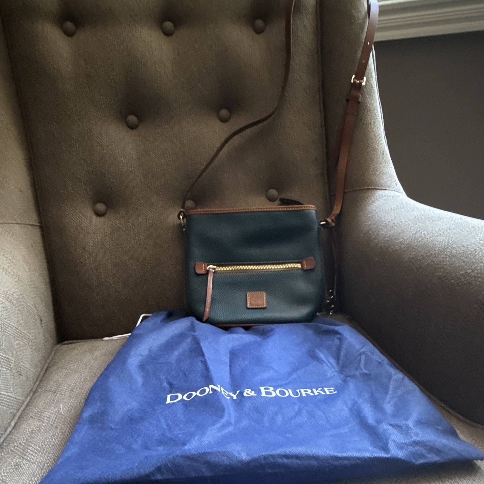 Dooney & Bourke Pebble Grain Blue/Brown Crossbody Zip, Adjustable Strap, Pockets