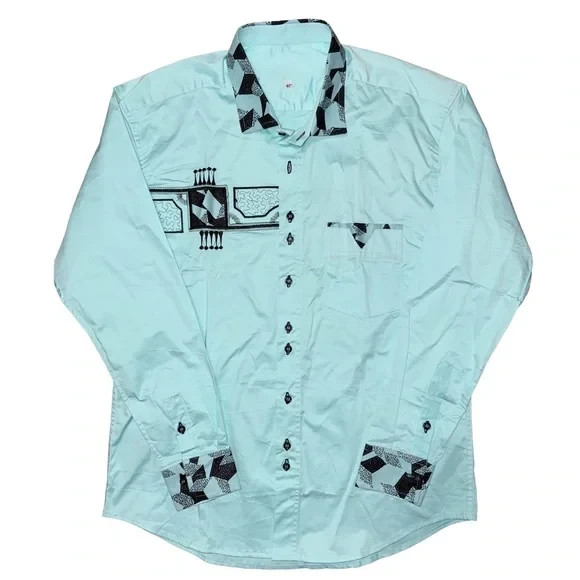 Light Blue Southwestern Aztec Cowboy Embroidered Long Sleeve Shirt Size 44
