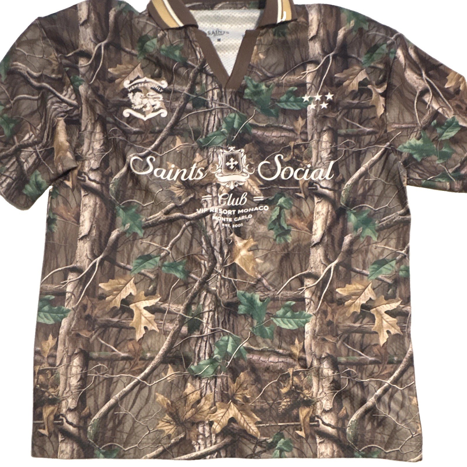 Saints Social Club Men’s Medium Camo Mesh V-Neck Short Sleeve Jersey Logo