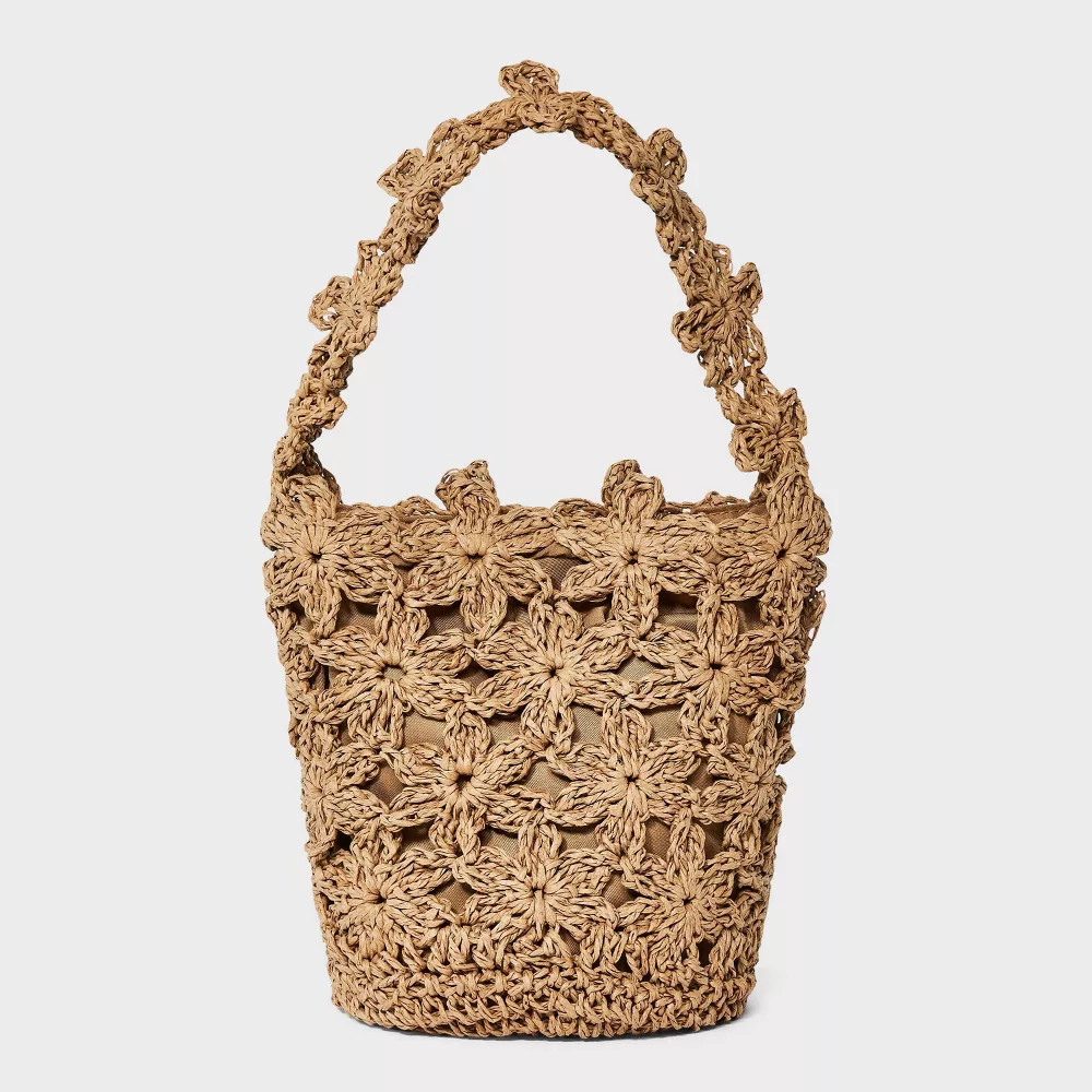 A New Day Straw Mini Floral Bucket Bag Raised Material Beige
