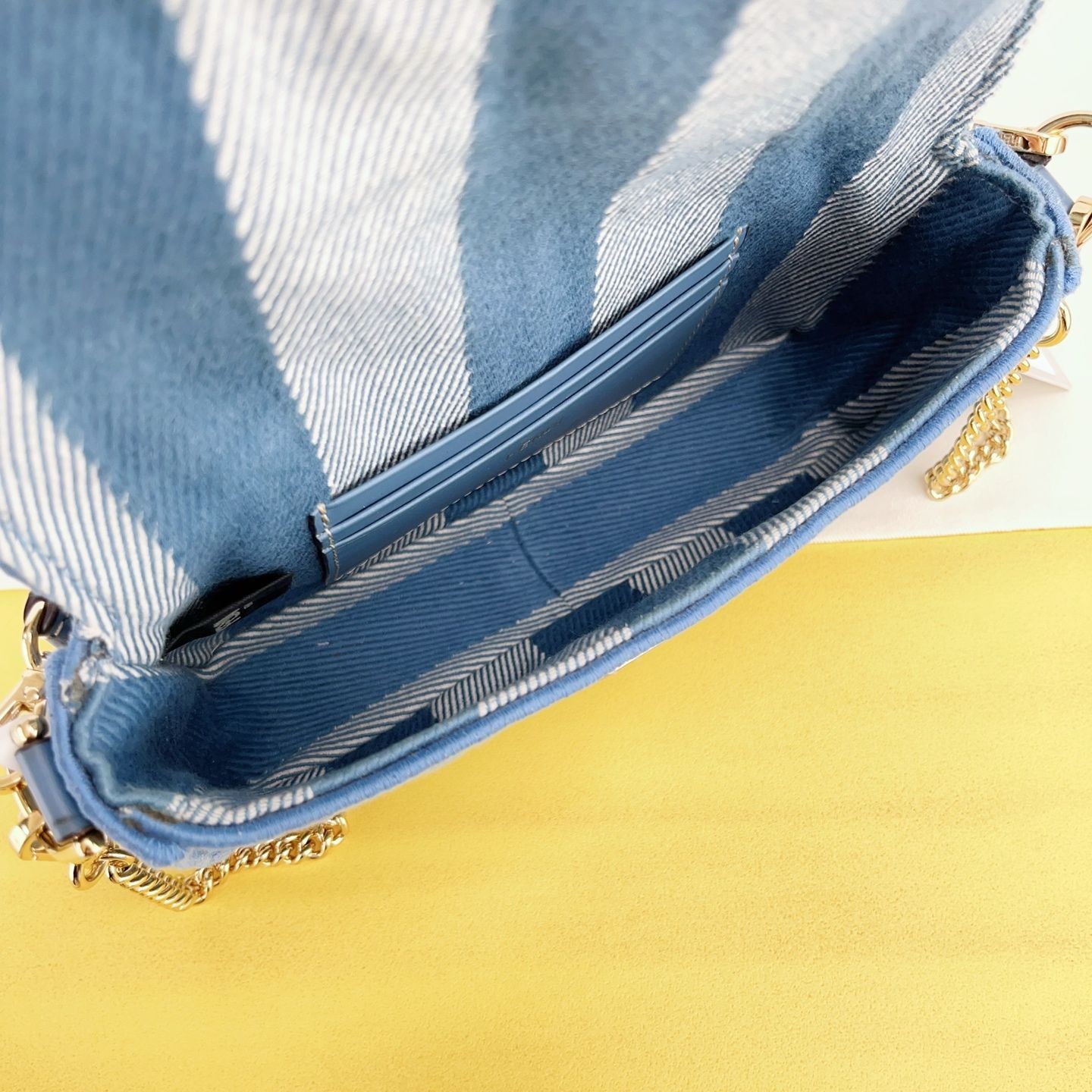 Fendi Baguette Mini Limited Edition Blue Chenille GHW Chain Shoulder Bag Rare