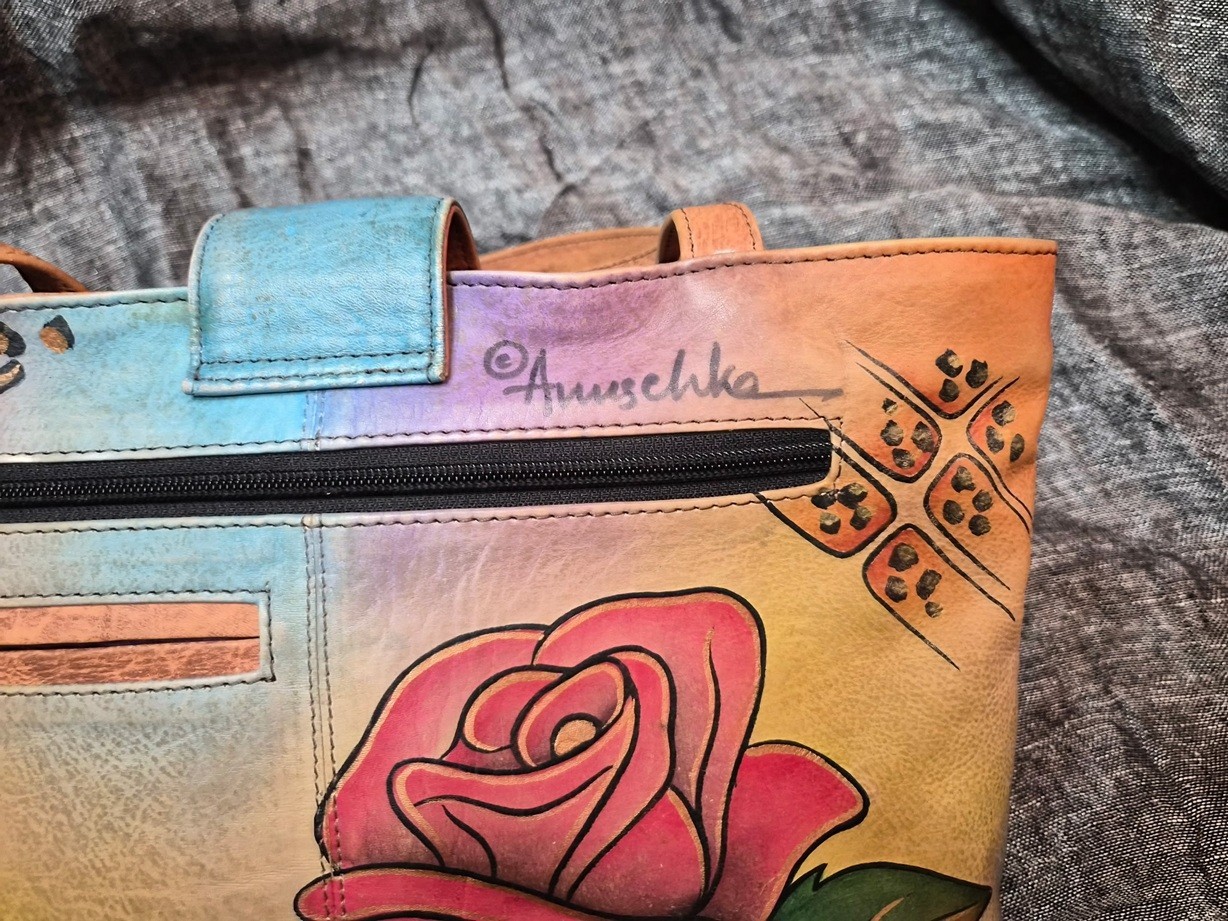 Anuschka Hand Painted Leather Tote Bag. Safari Floral Purse. W/ Magnetic Snap