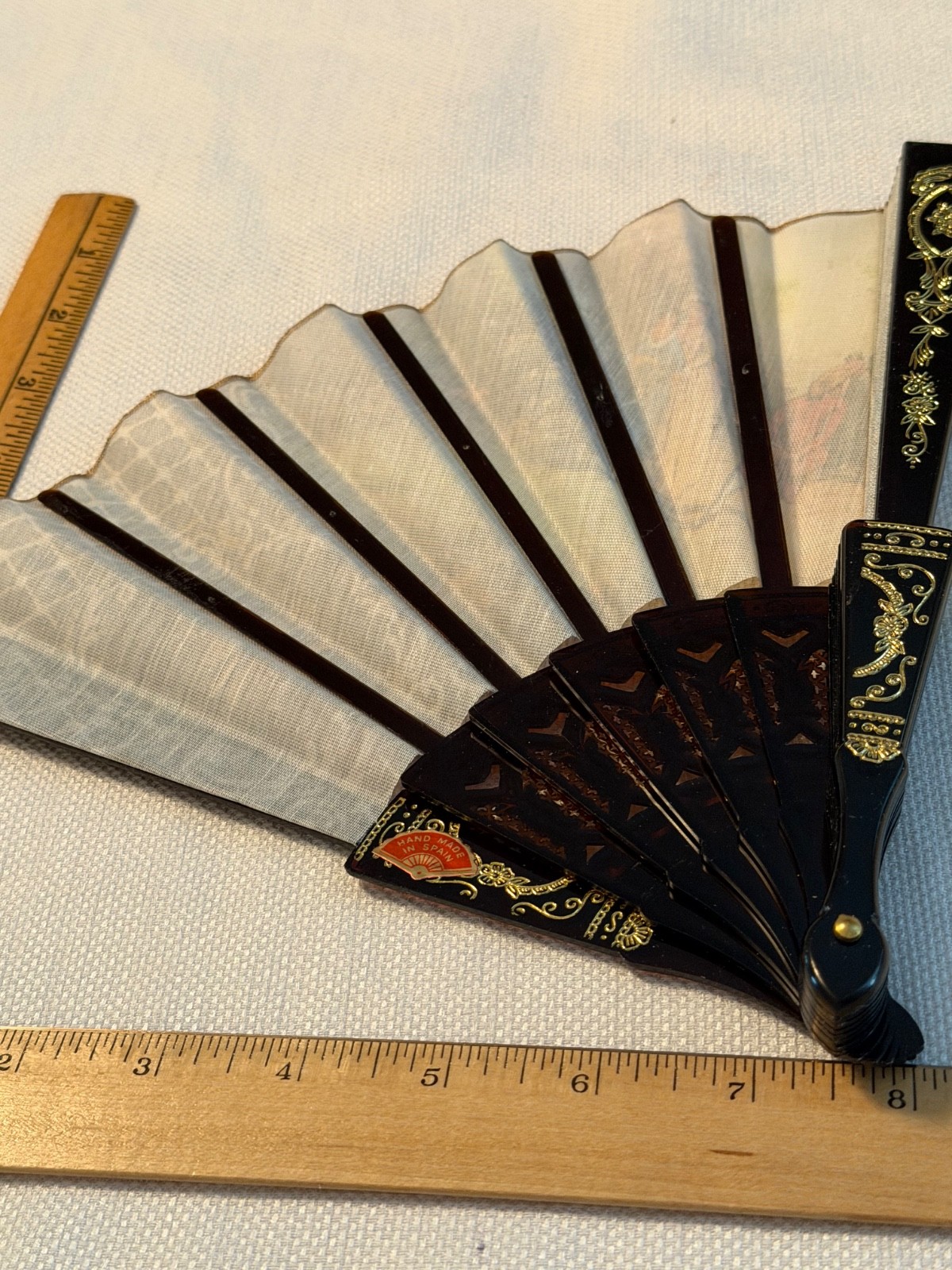 Vtg Giner Hand Fan W Box Features Period Clothing Fabric Plastic Gold Trim Spain