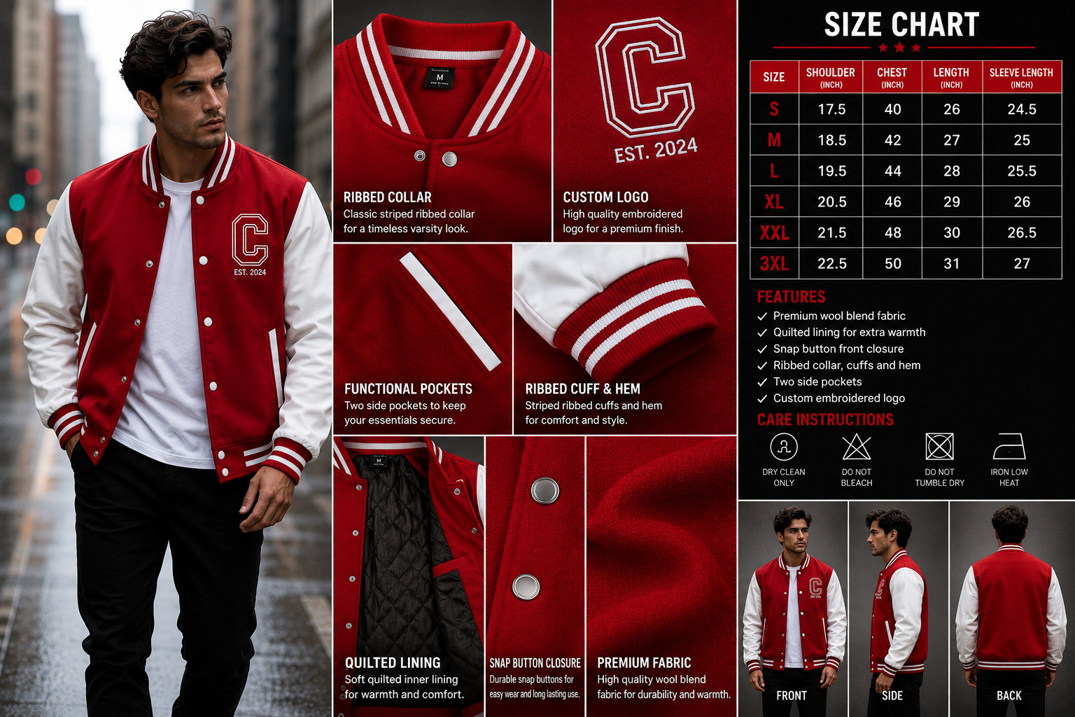 Men’s Two Tone Varsity Jacket Letterman Bomber Coat Custom Logo XS-5XL